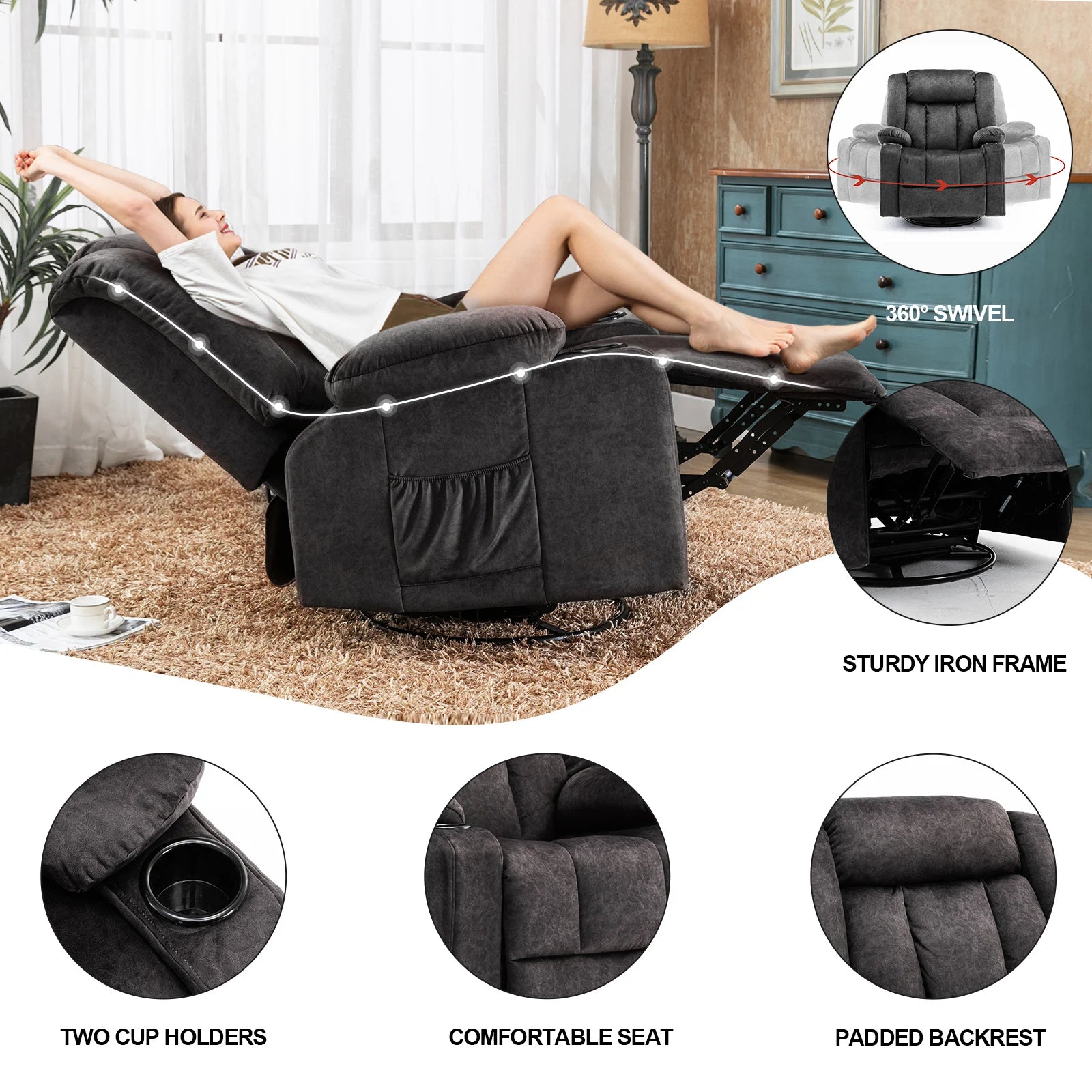 Verstelbare Relax Fauteuil met Voetensteun en Bekerhouders – Luxe TV Stoel 90°–160° Ergonomisch Comfort