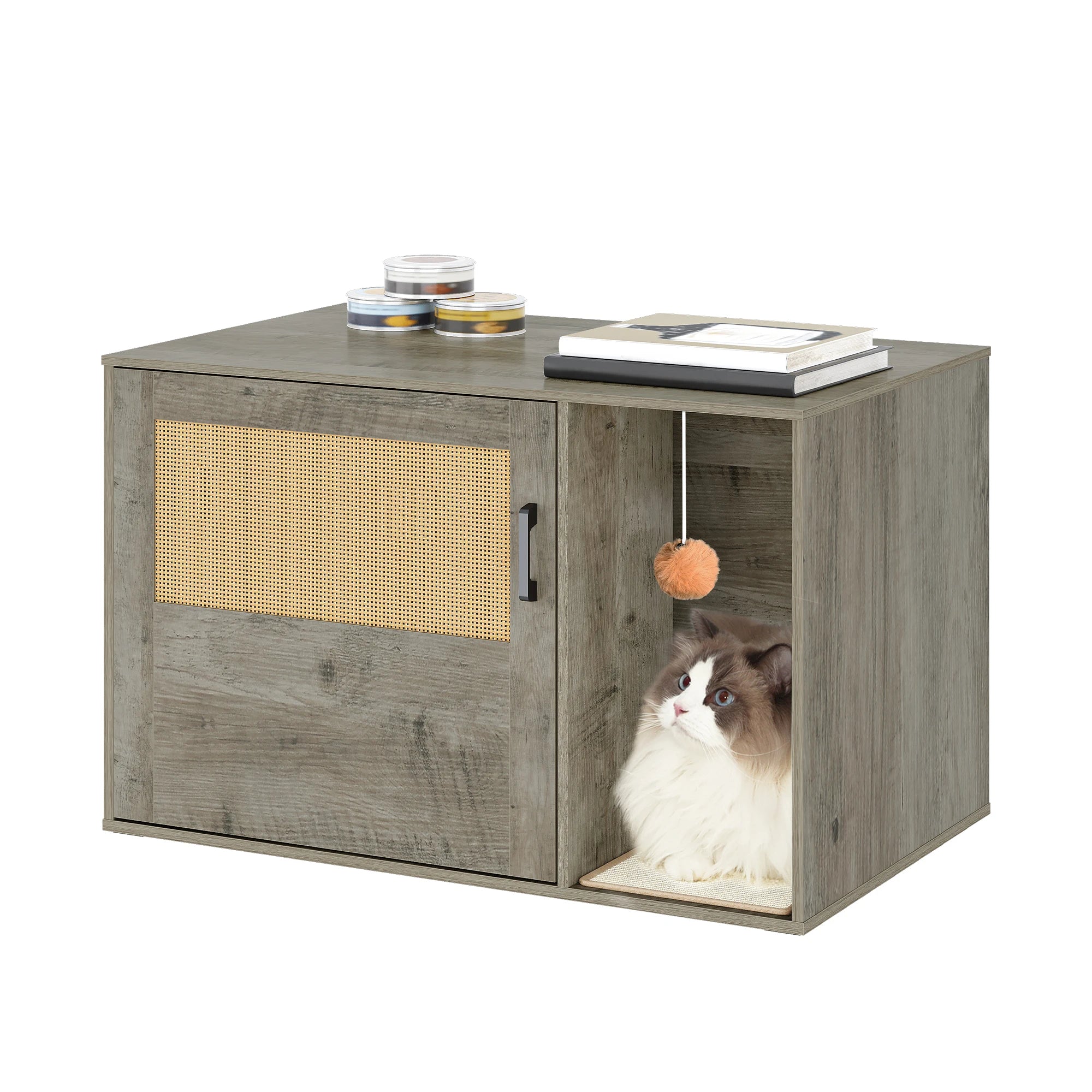Grijze Kattenkast met Rieten Deur – Verborgen Kattenbak & Stijlvol Kattenhuis met Opbergruimte