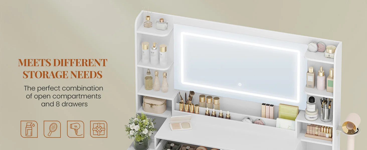 Kaptafel met Grote Spiegel en 8 Laden – Moderne Witte Make-up Tafel met Opbergruimte en Föhnhouder