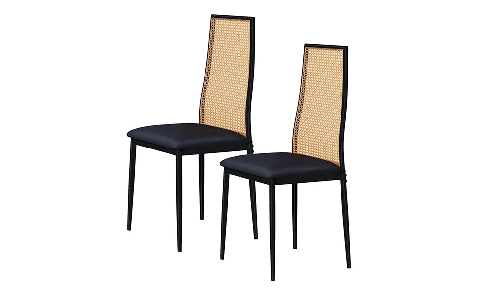 Retro Eetkamerstoelen Set van 2 met Rieten Rugleuning – Comfortabele Gestoffeerde Zitting, Stevig IJzeren Frame, Antislipvoetjes – Voor Keuken, Eetkamer & Terras