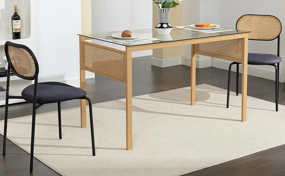 Retro Eetkamerstoelen Set van 2 met Rieten Rugleuning – Comfortabele Gestoffeerde Zitting, Stevig IJzeren Frame, Antislipvoetjes – Voor Keuken, Eetkamer & Terras
