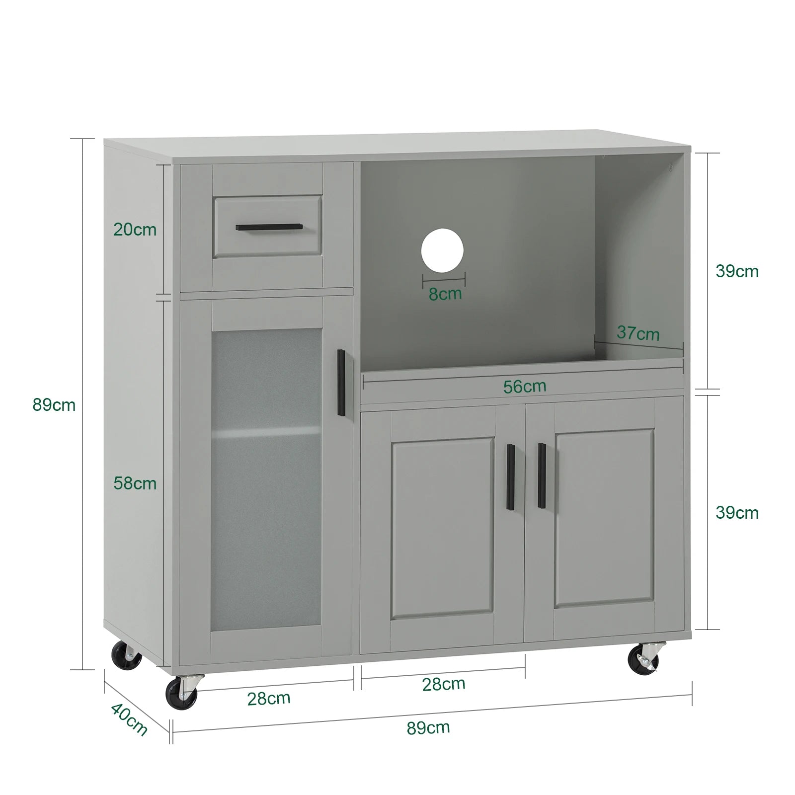 Verplaatsbare Keukentrolley met Wieltjes – Dressoir met Magnetronkast & Lade – Wit MDF Keukenkastje