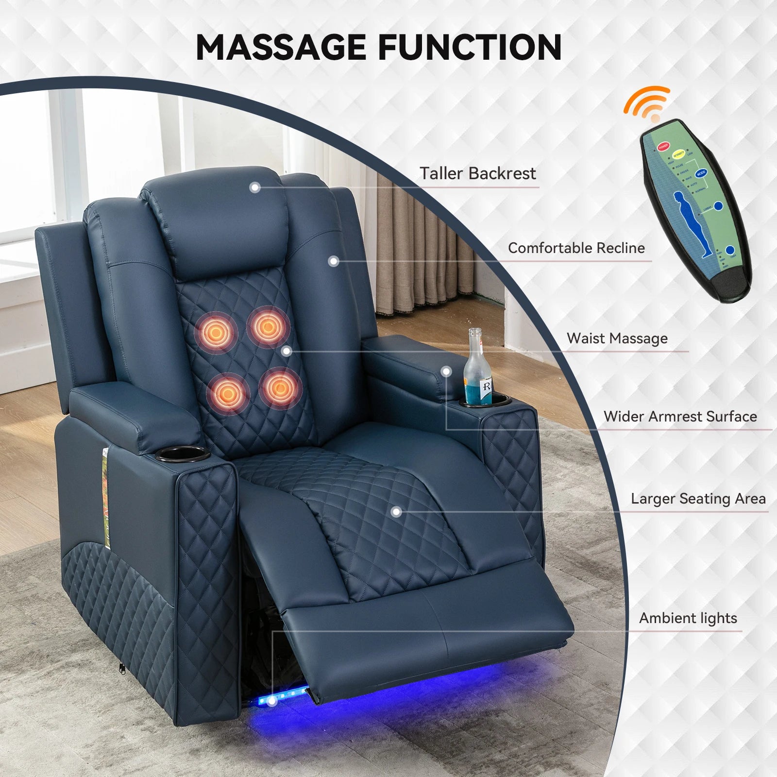 Elektrische Relaxfauteuil met Massage & LED – Verstelbare TV Stoel met Bekerhouders en Opbergvakken – Luxe Home Cinema Fauteuil