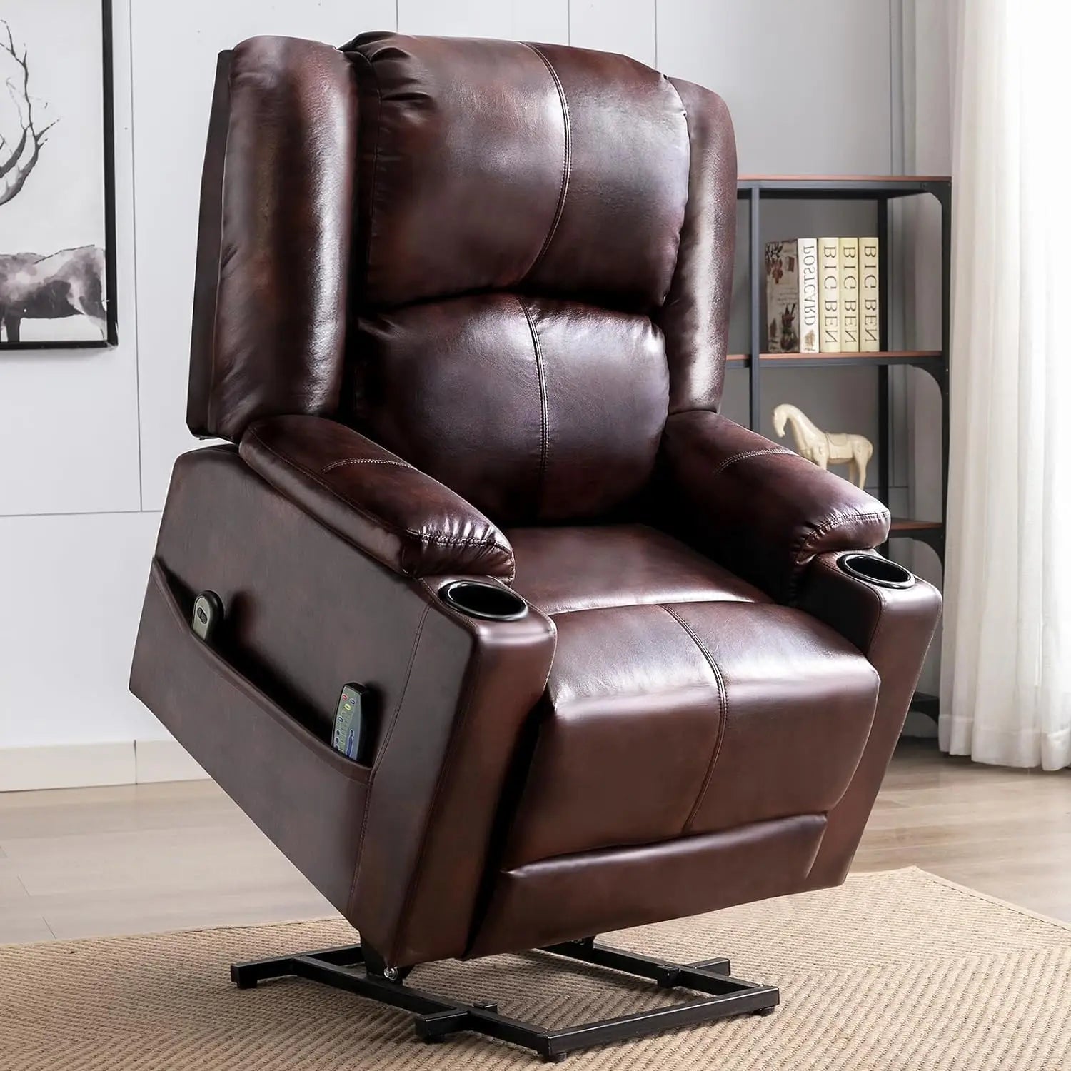 Elektrische Sta-op Relaxfauteuil met Massagefunctie – Verstelbare TV Stoel met Liftfunctie, Kunstleer & Bekerhouders