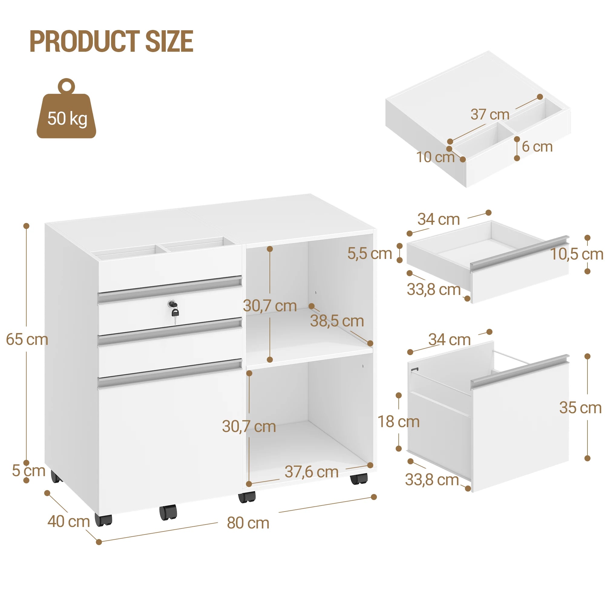 Mobiele 3‑Laden Archiefkast onder Bureau – Rolcontainer met Slot voor Kantoor en Thuis
