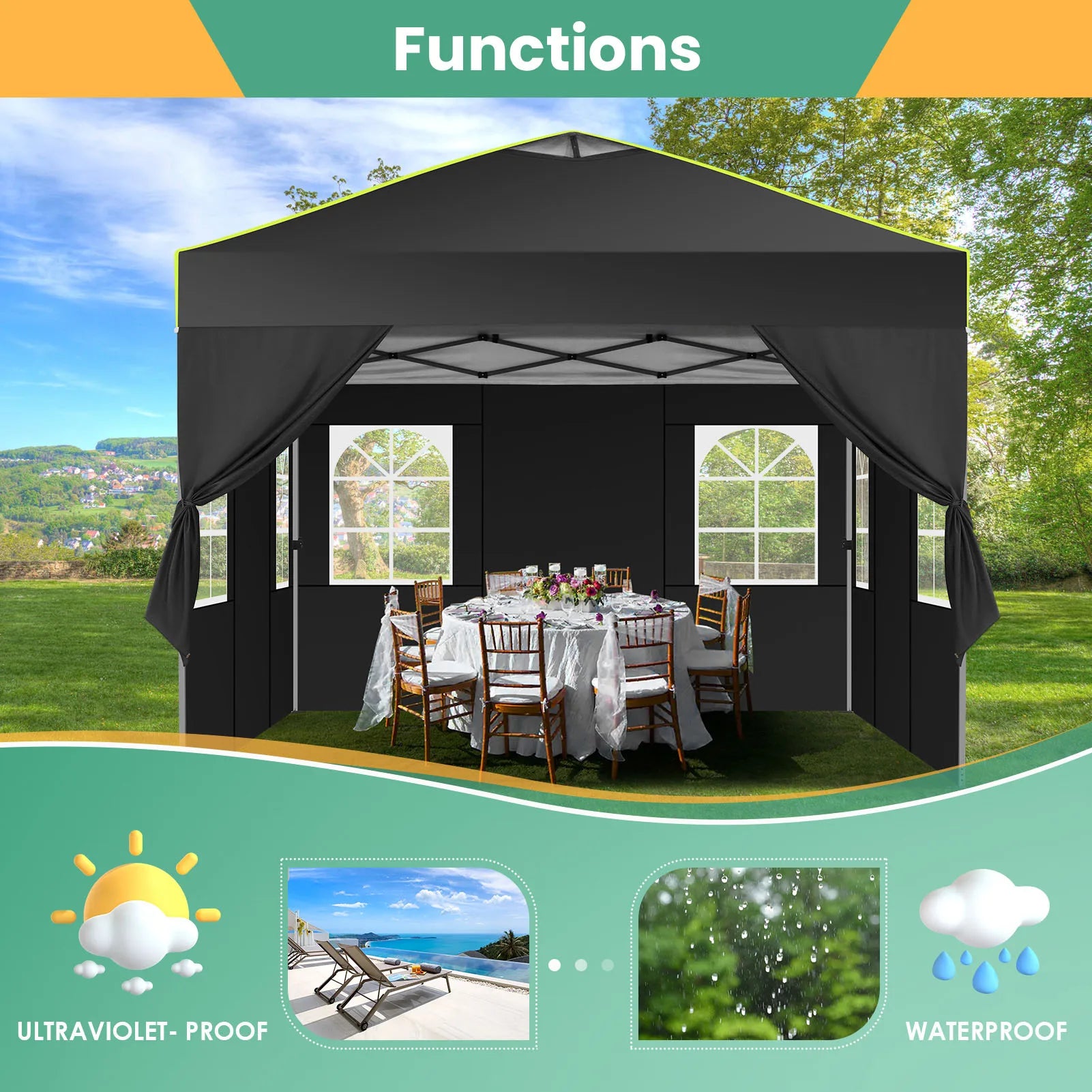Pop-up Partytent 3x3 m Waterdicht met 4 Zijwanden – Opvouwbaar Tuinpaviljoen met UV50+ Bescherming voor Tuin & Evenementen