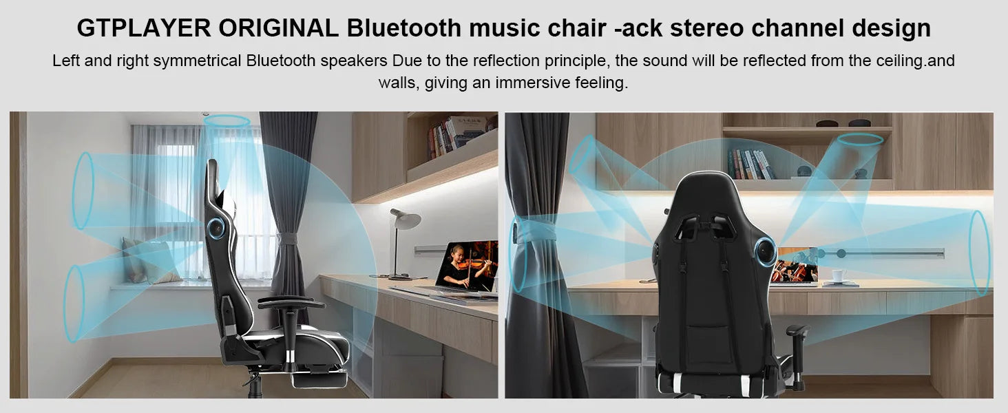 Gamingstoel met Bluetooth Speakers – Ergonomische Bureaustoel met Voetensteun en PU Leer (Recline 150°)