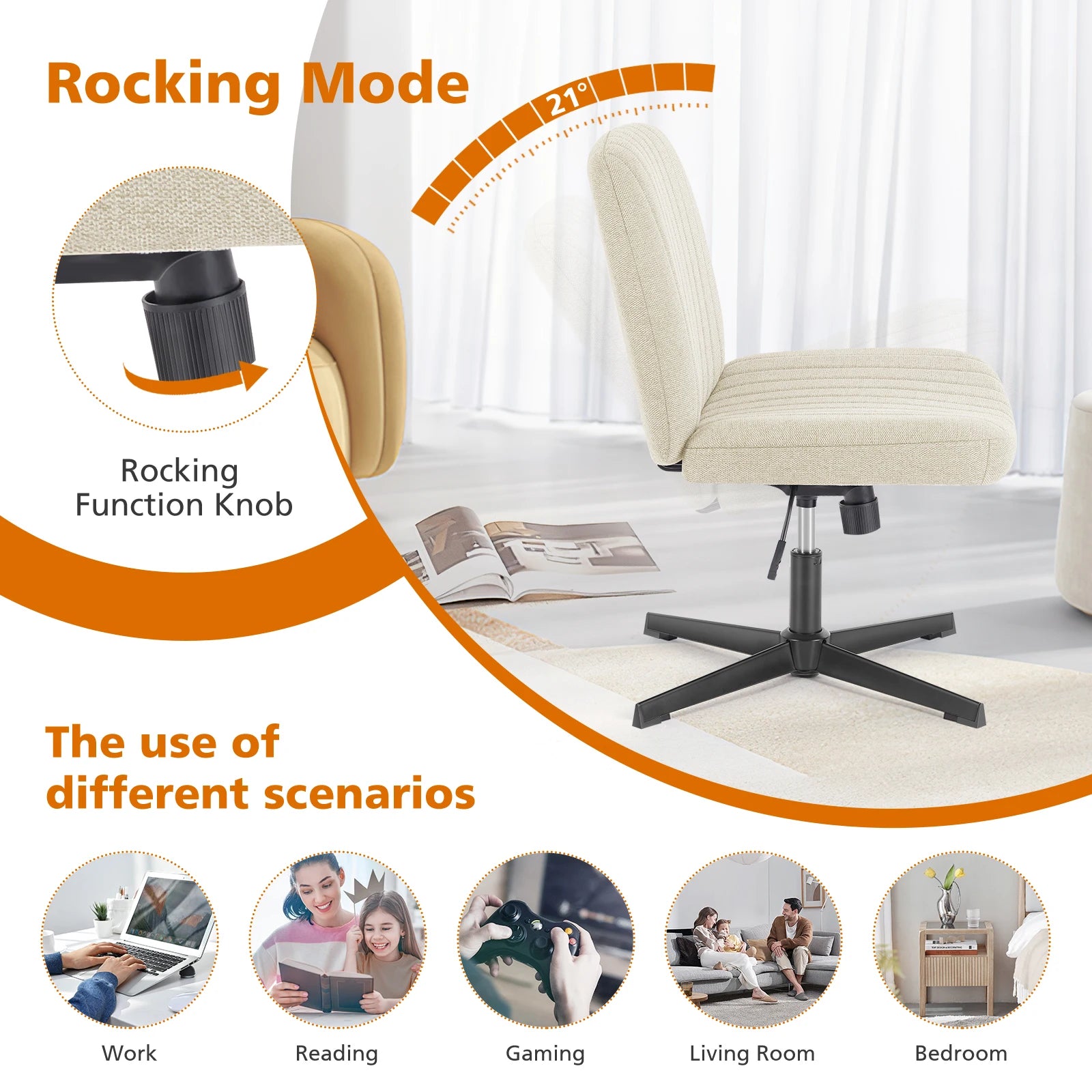 Brede verstelbare armloze draaistoel voor kantoor, woonkamer, gaming & bureau – comfortabele stof – 360° swivel