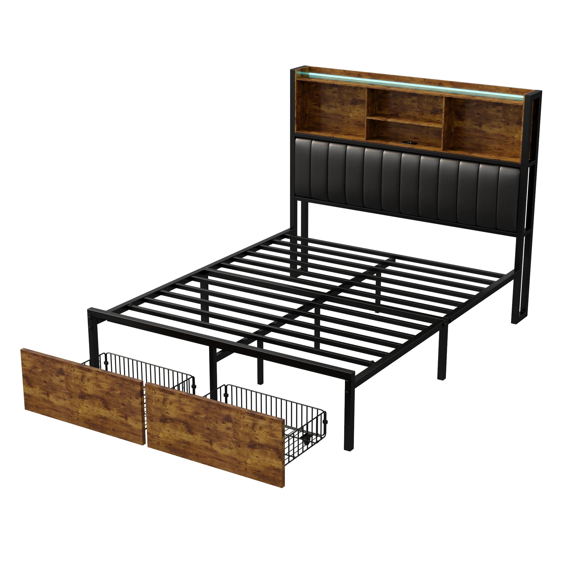 Bedframe 140–180x200 cm Zwart met LED‑verlichting en USB‑poorten – Gestoffeerd Opbergbed