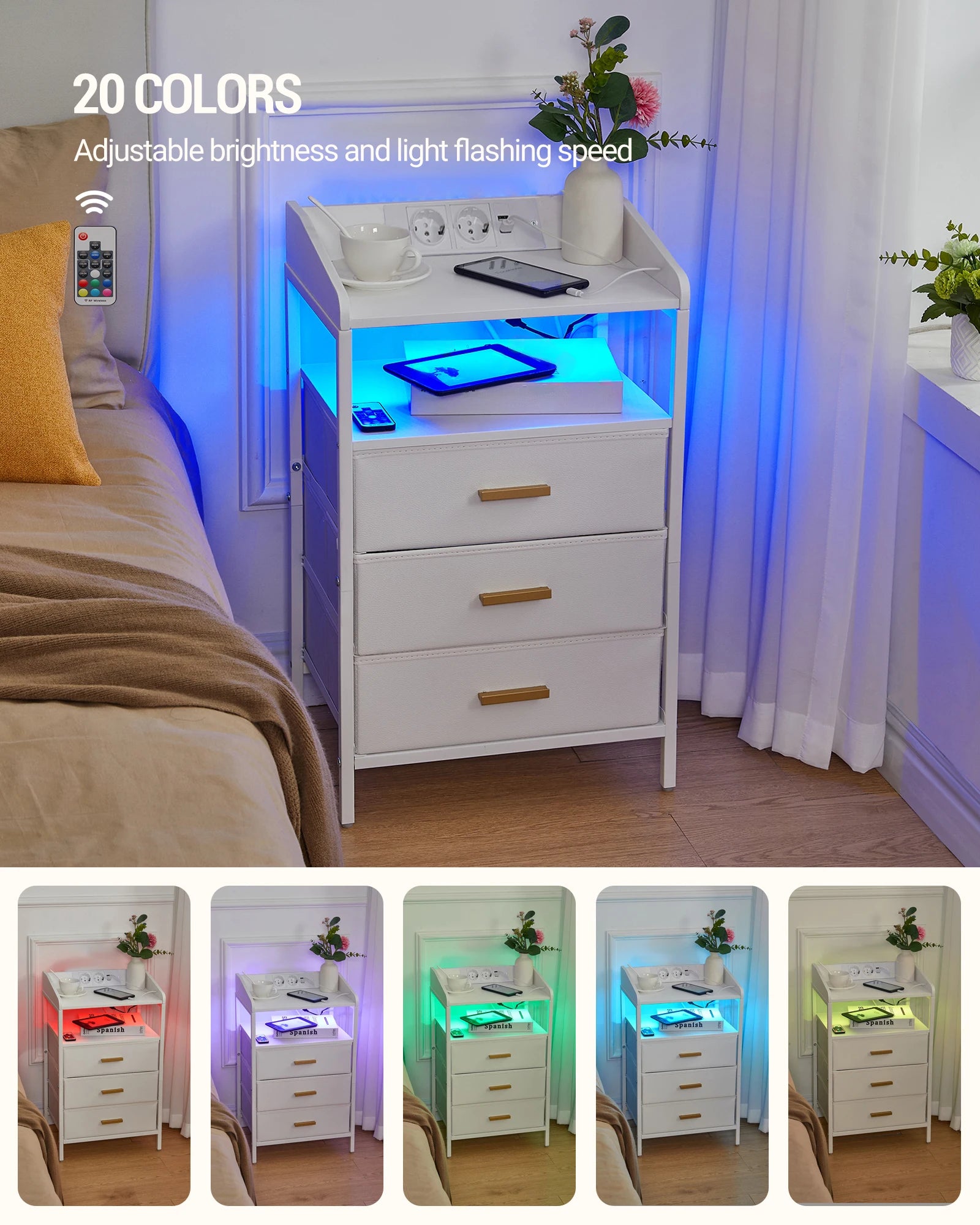 LED Nachtkastje met Oplaadstation en USB – Moderne Bijzettafel met 3 Lades en Plank – Wit/Zwart