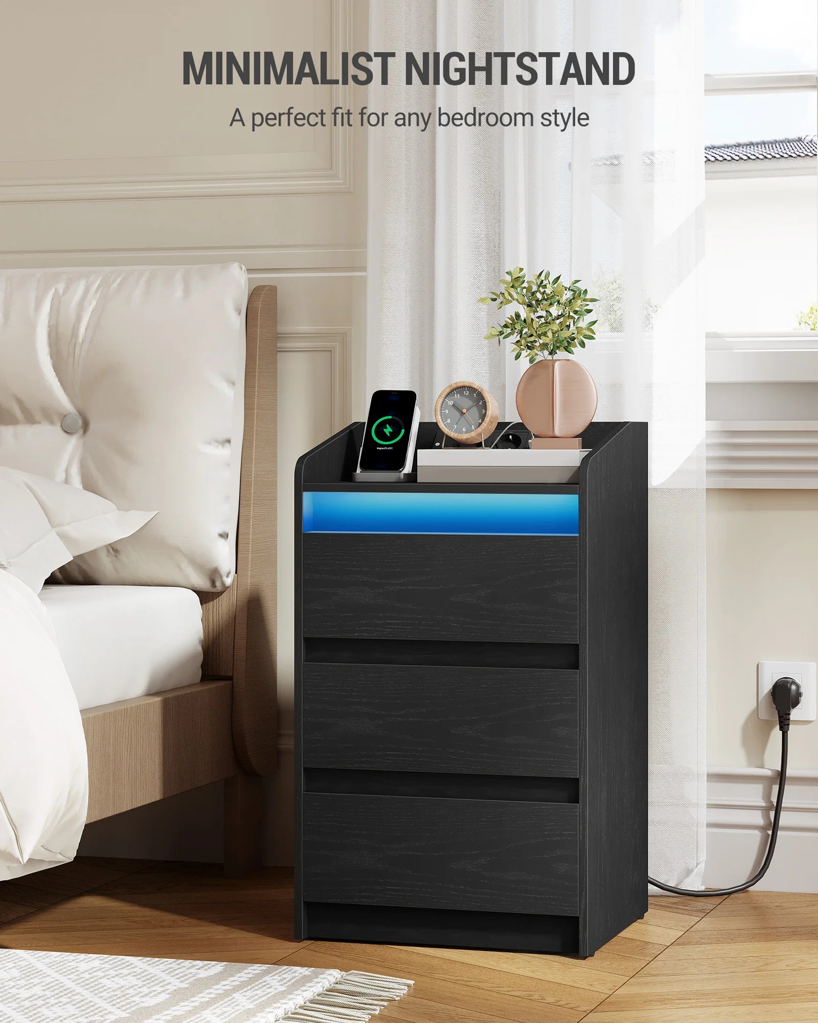 Nachtkastje Set van 2 met 3 Lades – LED Verlichting & Oplaadstation (2 AC + 2 USB) – Moderne Witte Bedside Tables voor Slaapkamer