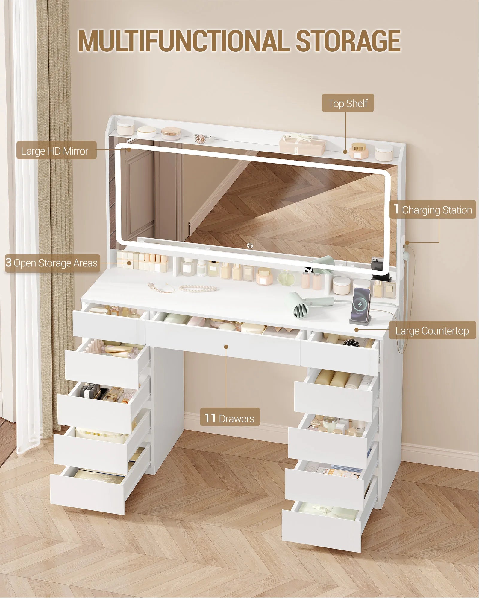 Grote Kaptafel met LED Spiegel en 11 Lades – Luxe Make‑uptafel met Verlichting & USB‑Poorten