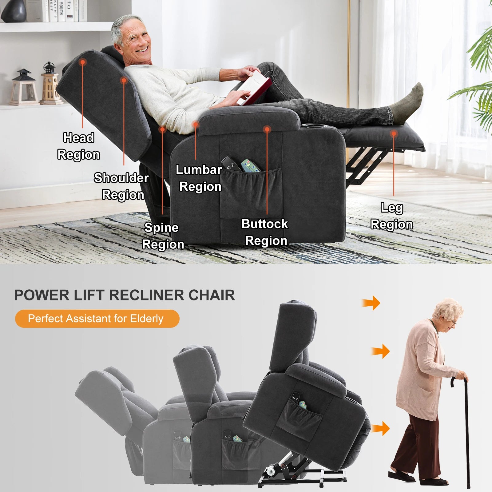 Elektrische Relaxfauteuil met Sta-op-Hulp, Massagefunctie & Stoffen Bekleding – TV‑stoel voor Woonkamer