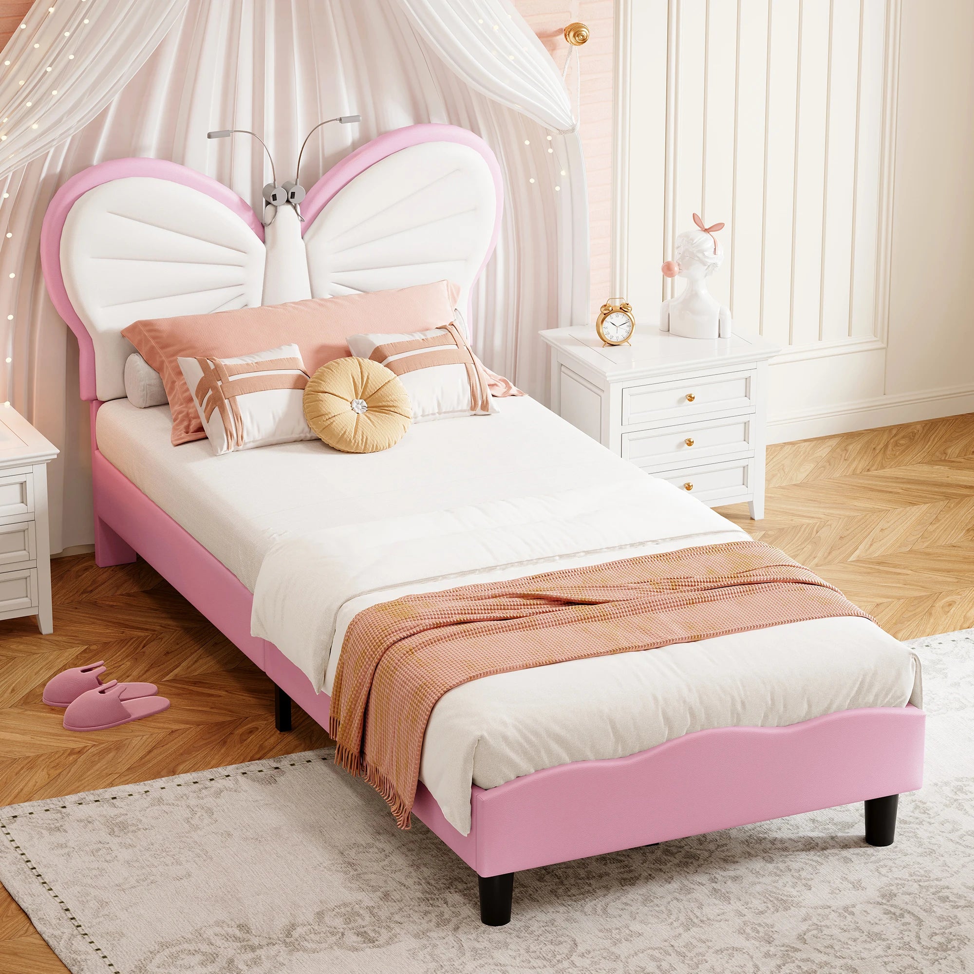 Kinderbed 90x200 cm verstelbaar hoofdeinde – meisjesbed met LED‑leeslampjes