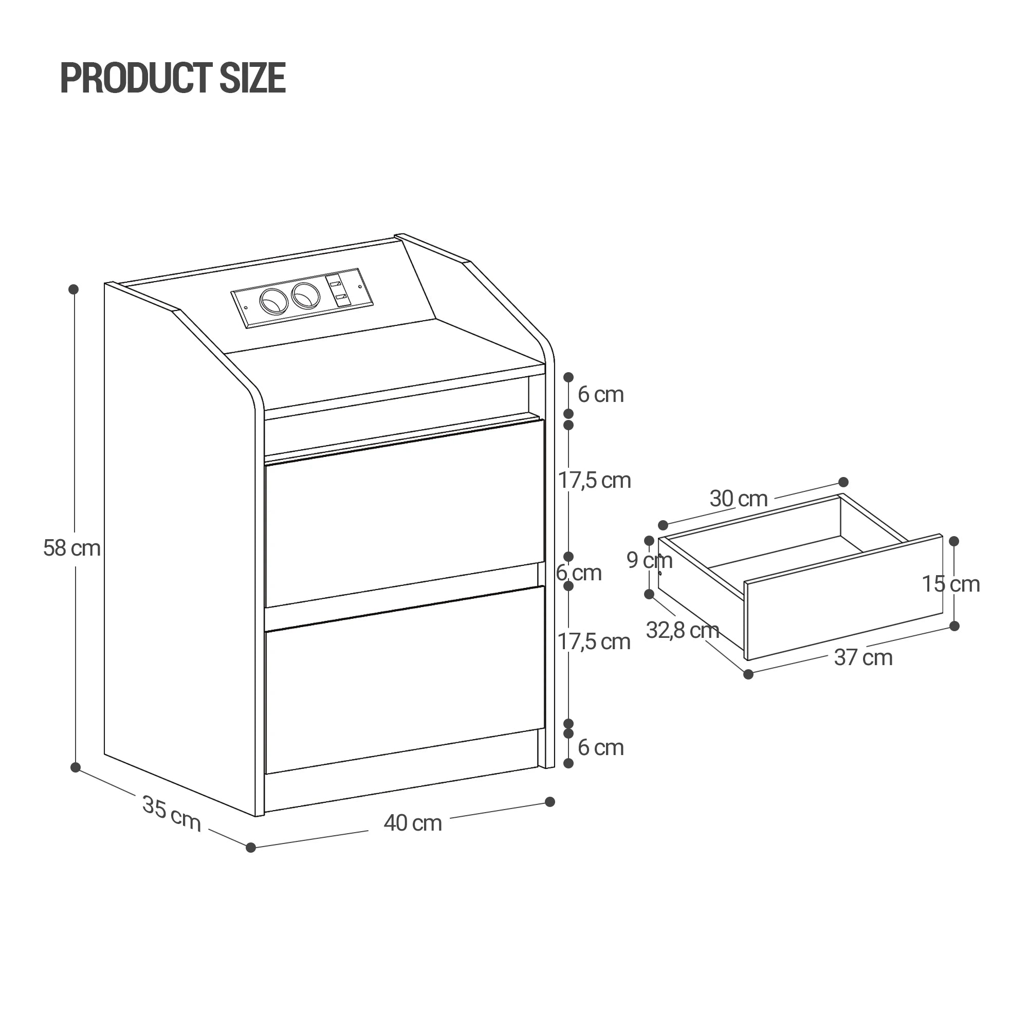 Nachtkastje met LED‑verlichting, Oplaadstation en 2 Lades – Modern Bedside Table