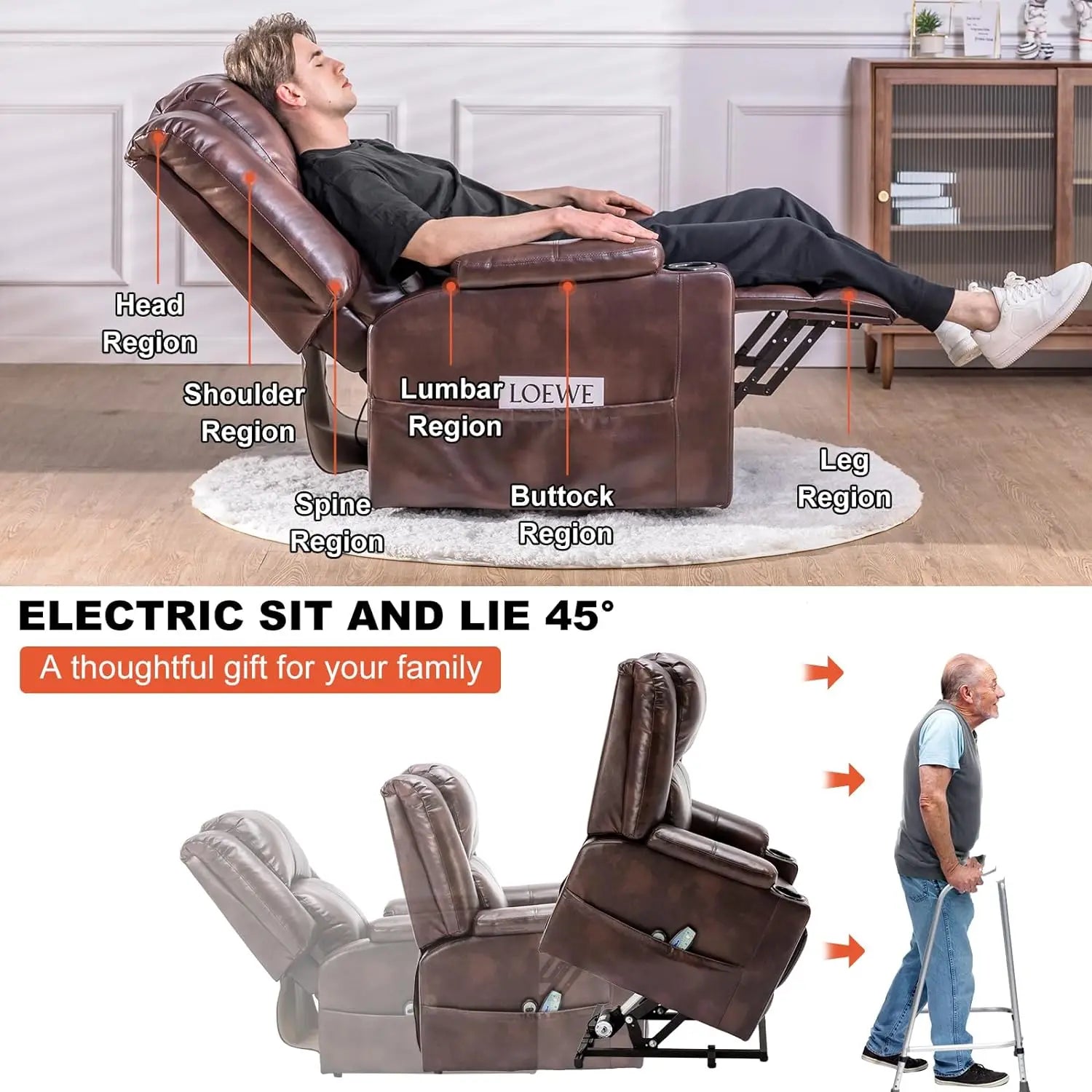Elektrische Sta-op Relaxfauteuil met Massagefunctie – Verstelbare TV Stoel met Liftfunctie, Kunstleer & Bekerhouders