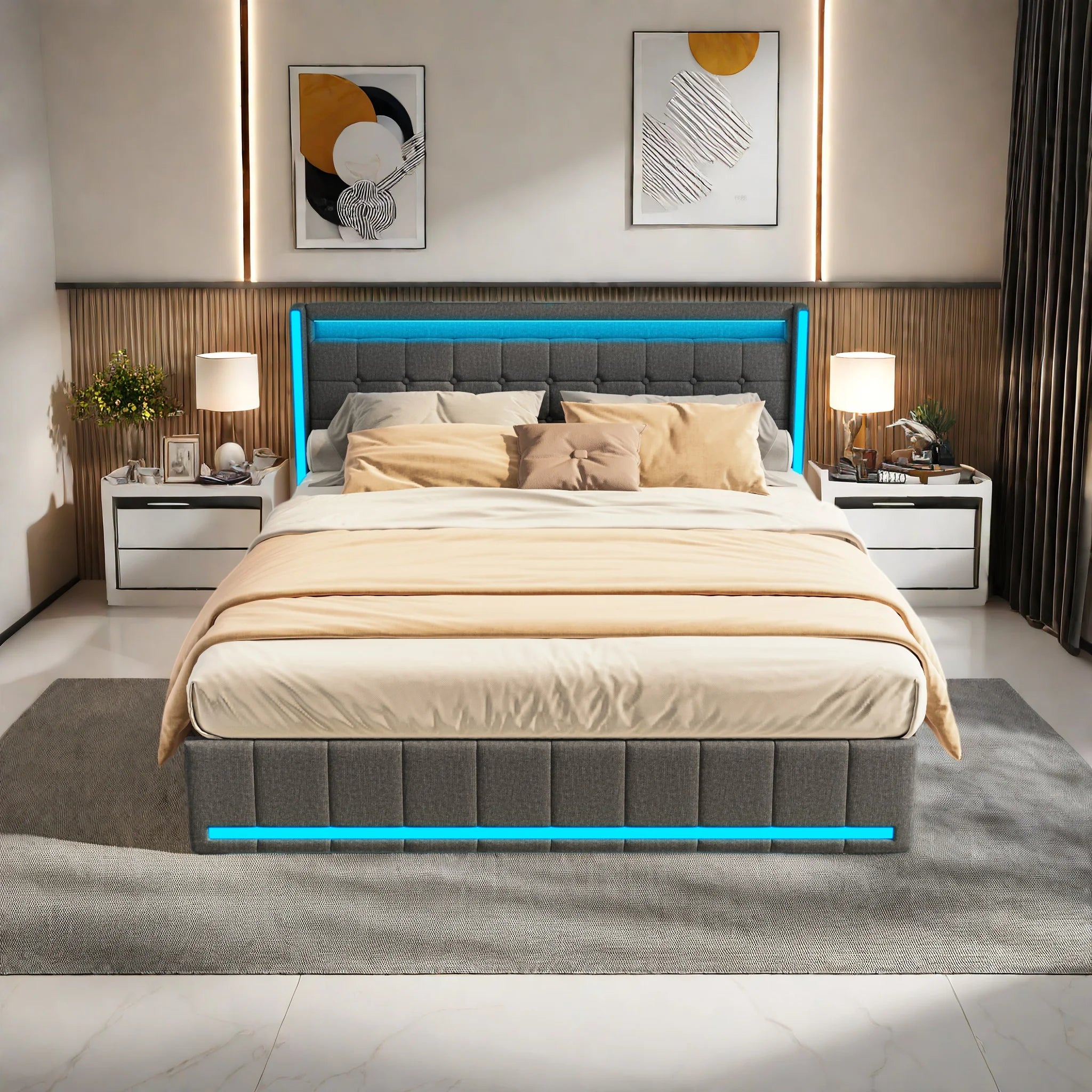 Linnen Bed 140-160x200 cm met Opberglades, LED Verlichting & USB Oplaadpoorten