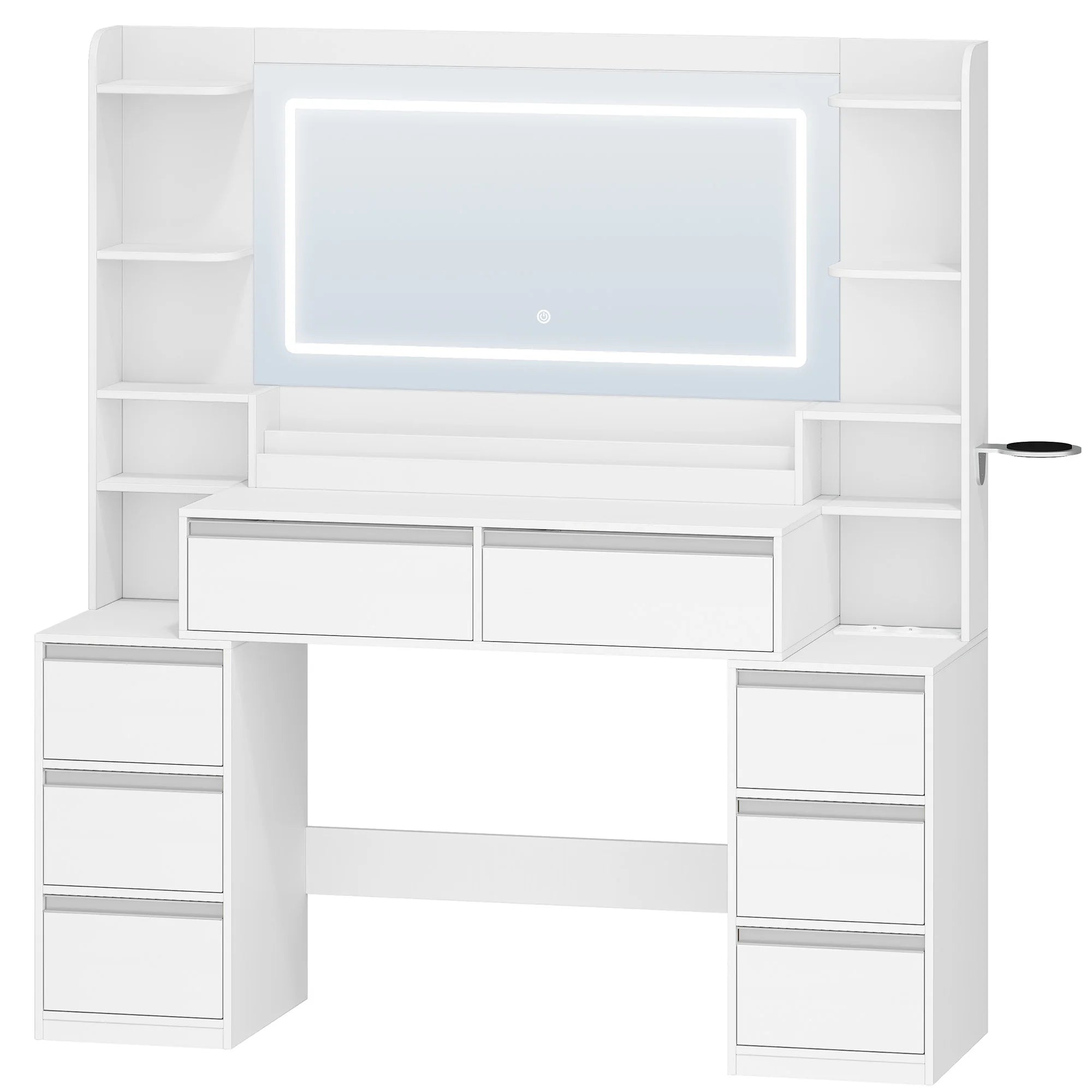 Kaptafel met Grote Spiegel en 8 Laden – Moderne Witte Make-up Tafel met Opbergruimte en Föhnhouder