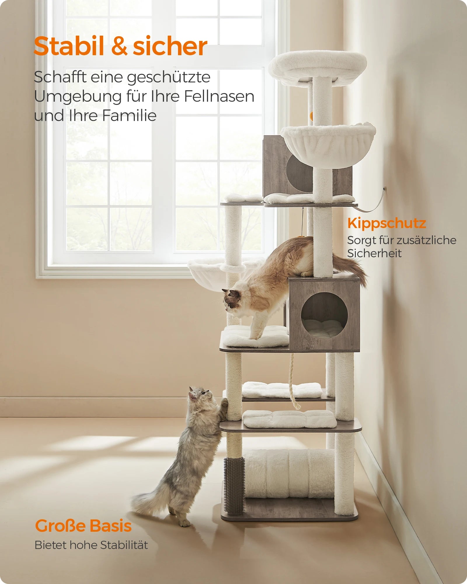 XXL Kattenkrabpaal 197 cm – Grote Kattenboom met 2 Huisjes, Ligplaatsen en Speelgoed – Moderne Krabpaal voor Meerdere Katten