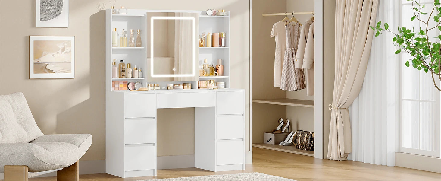 Grote Kaptafel met LED‑Spiegel en Verstelbare Verlichting – 7 Laden & 4 Open Planken – Moderne Make‑Up Tafel voor Slaapkamer