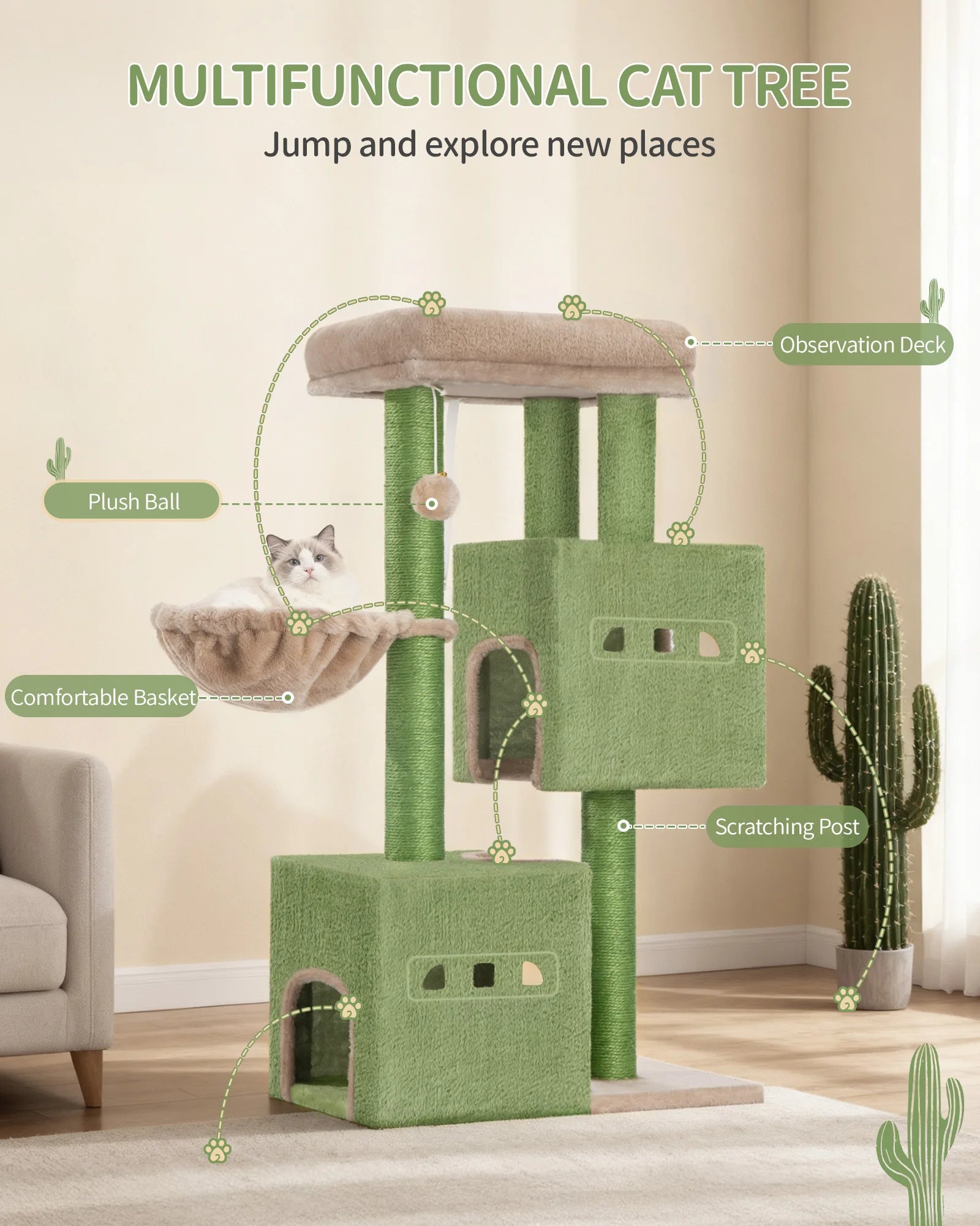 Krabpaal 98 cm – Stabiele Kattenboom met Grote Ligplek, 2 Holletjes, Sisal Krabpalen & Speelballen – Ideaal voor Meerdere Katten