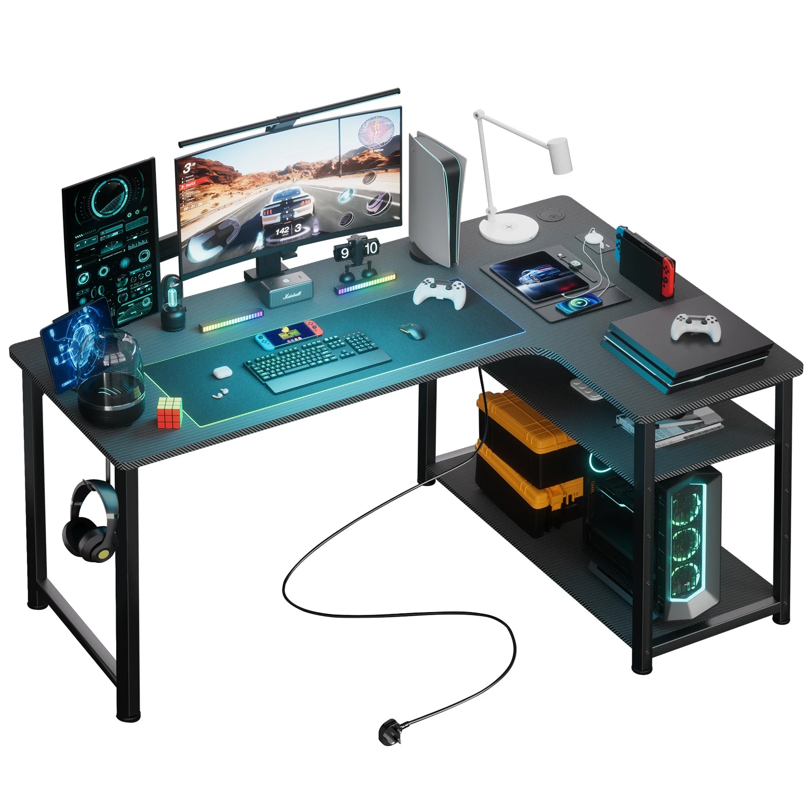 Gaming Bureau L-Vorm 120 cm met USB & Stopcontact – Hoekbureau met Opbergplanken – Water- & Krasbestendig