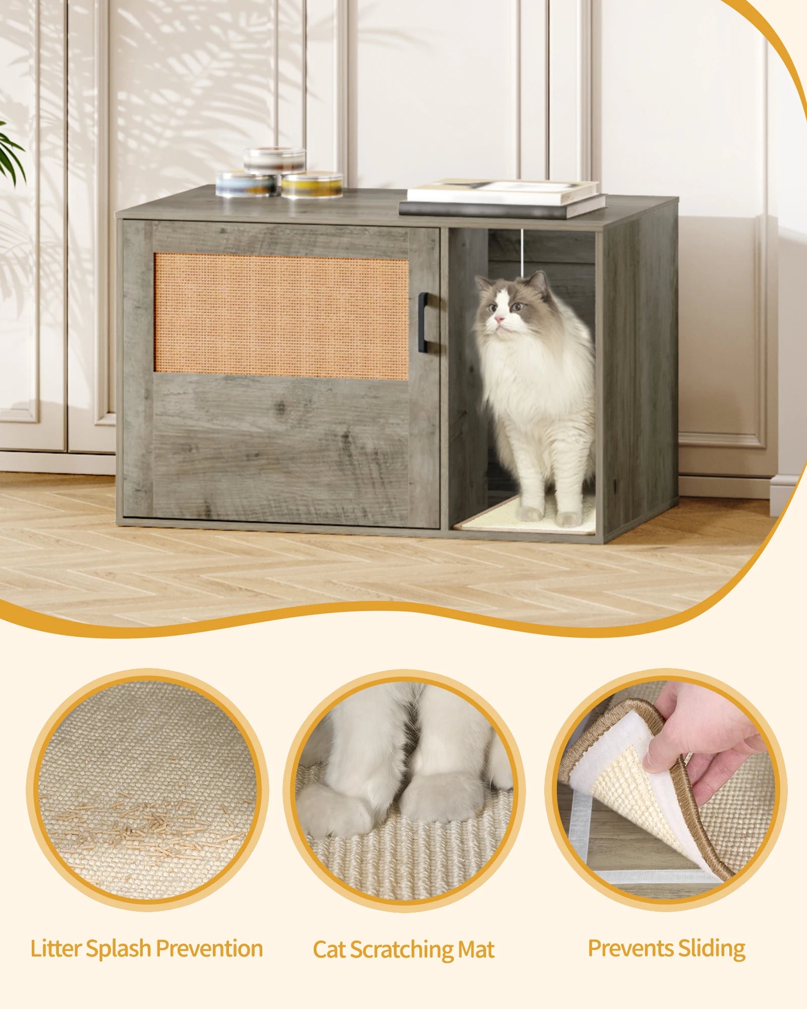 Grijze Kattenkast met Rieten Deur – Verborgen Kattenbak & Stijlvol Kattenhuis met Opbergruimte