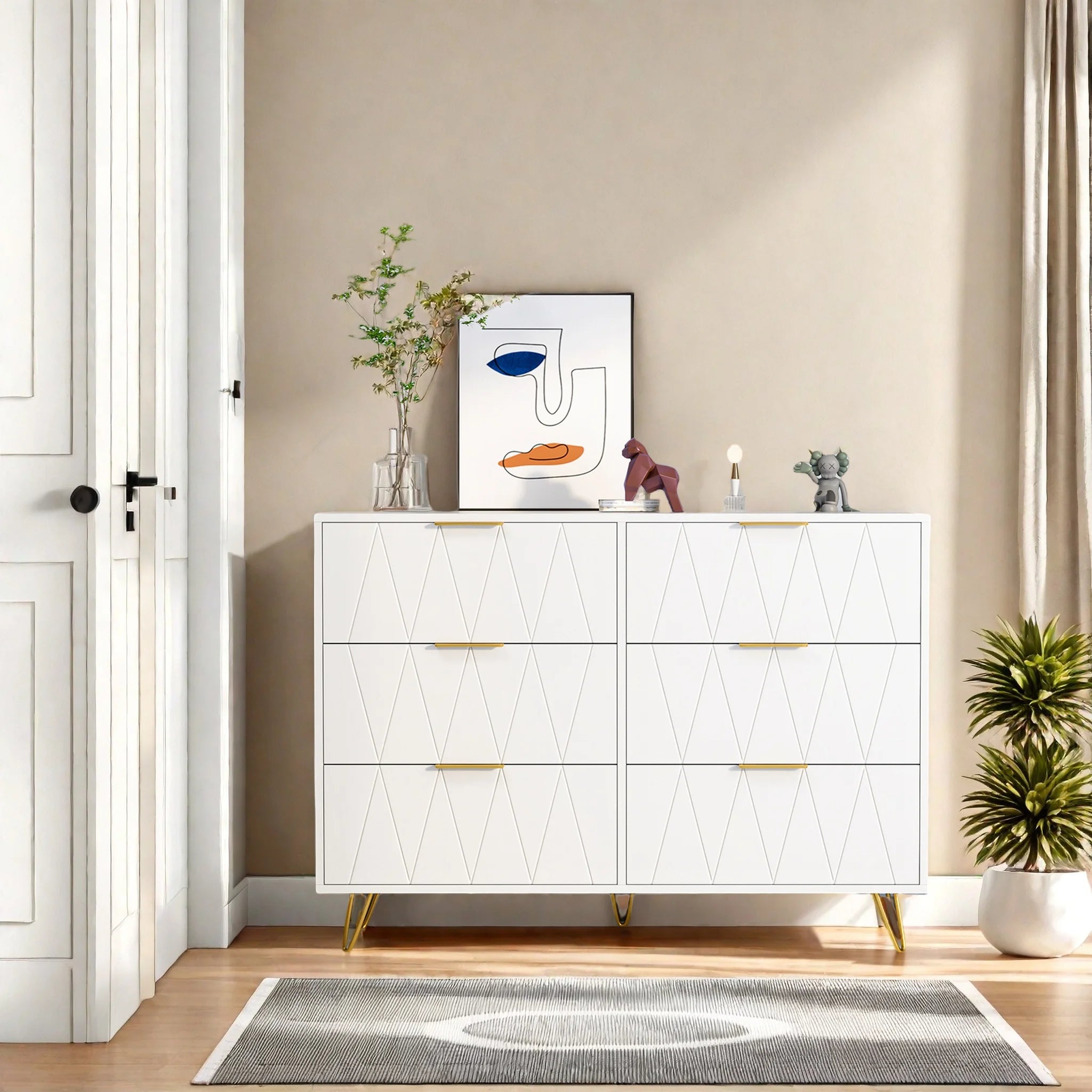 Ladekast 6 Laden – Moderne Dressoir Kast MDF met Gouden Handgrepen en Metalen Poten – Opbergkast voor Woonkamer en Slaapkamer