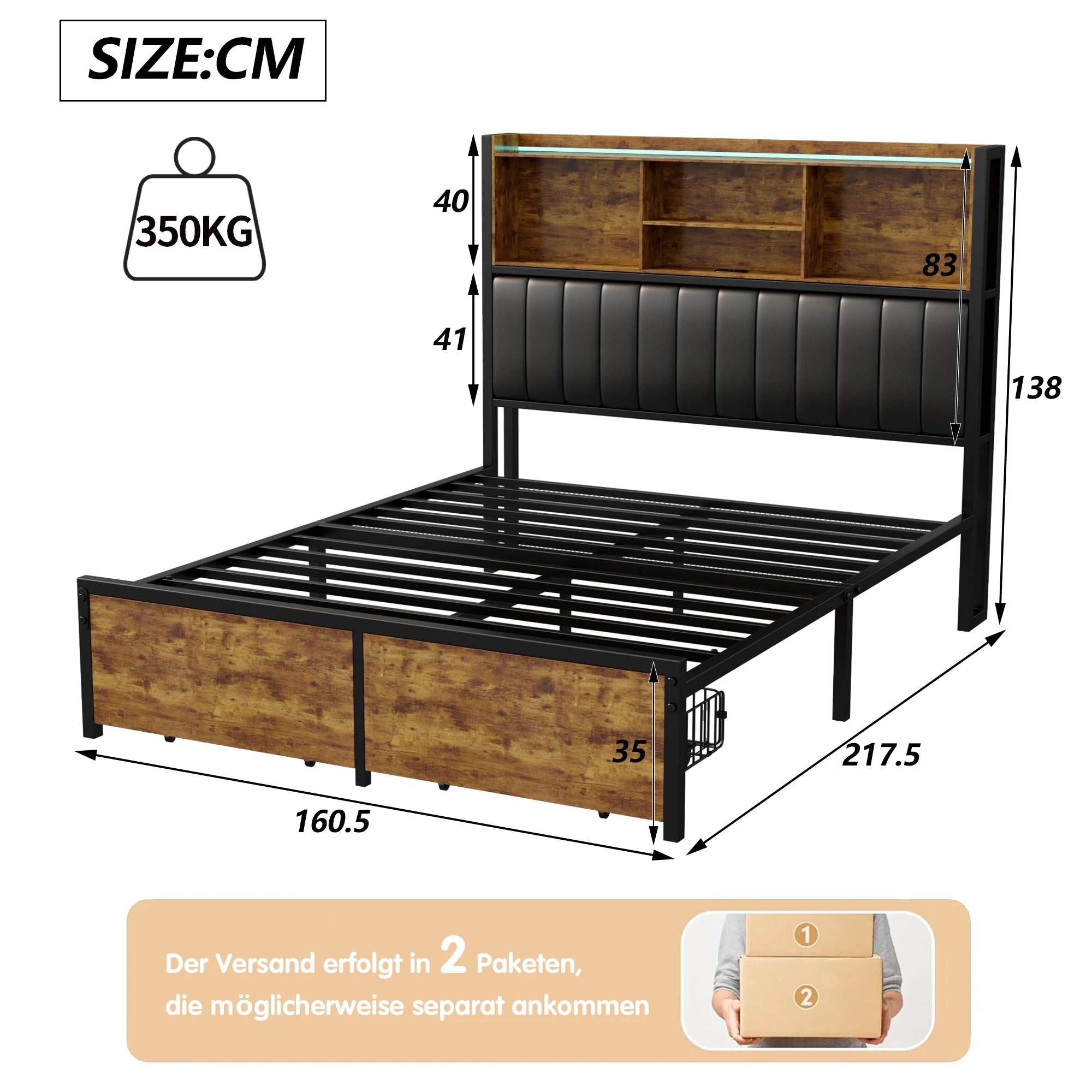 Bedframe 140–180x200 cm Zwart met LED‑verlichting en USB‑poorten – Gestoffeerd Opbergbed