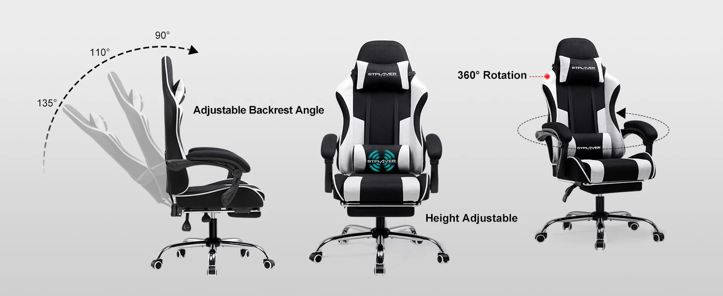 Ergonomische Gamingstoel met Voetensteun en Massage Lendenkussen – Stoffen Bureaustoel met Hoofdsteun