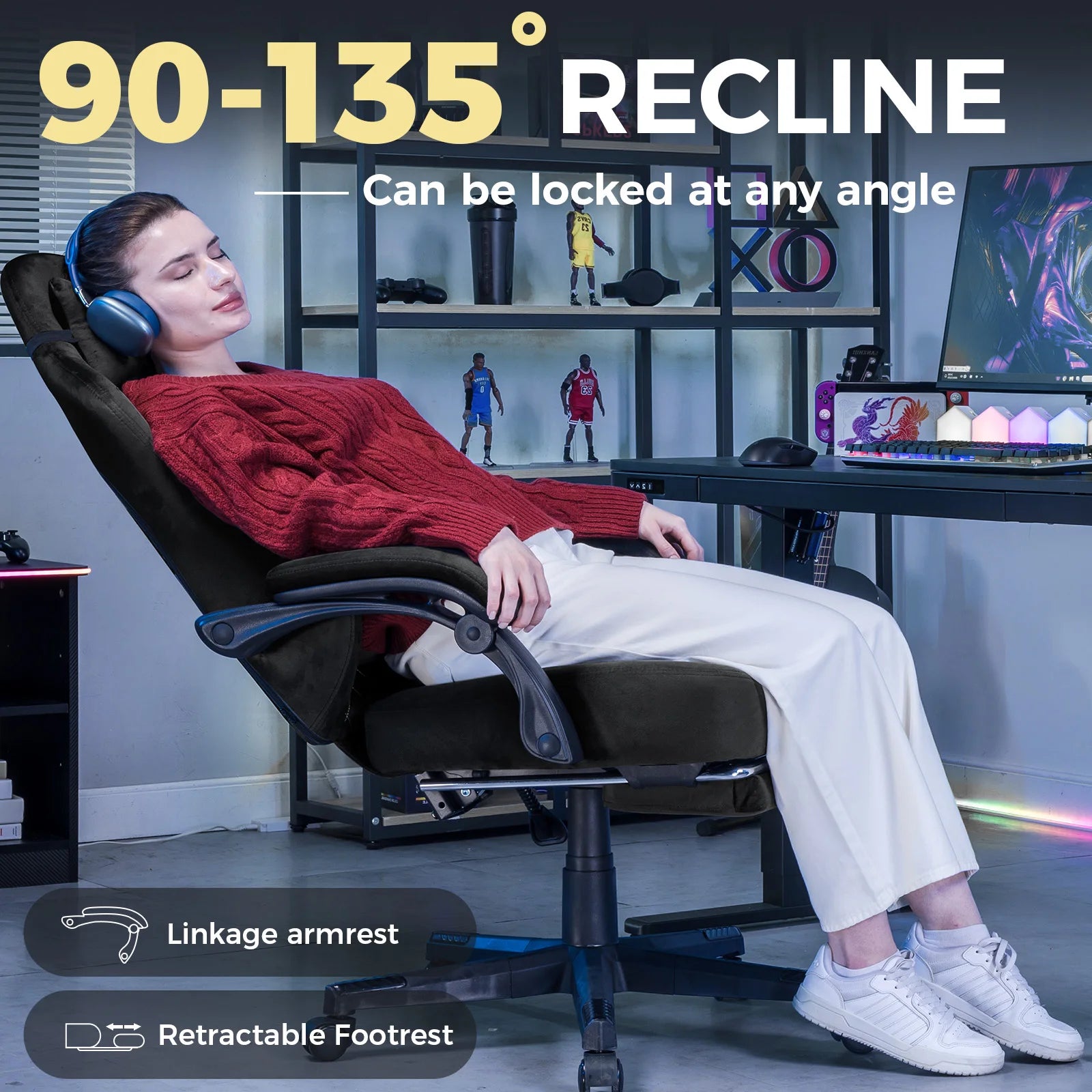 Ergonomische Gaming Stoel met Voetsteun – Stoffen Bureaustoel 360° Draaibaar & Verstelbaar (Comfort PC & Thuiswerk Stoel)