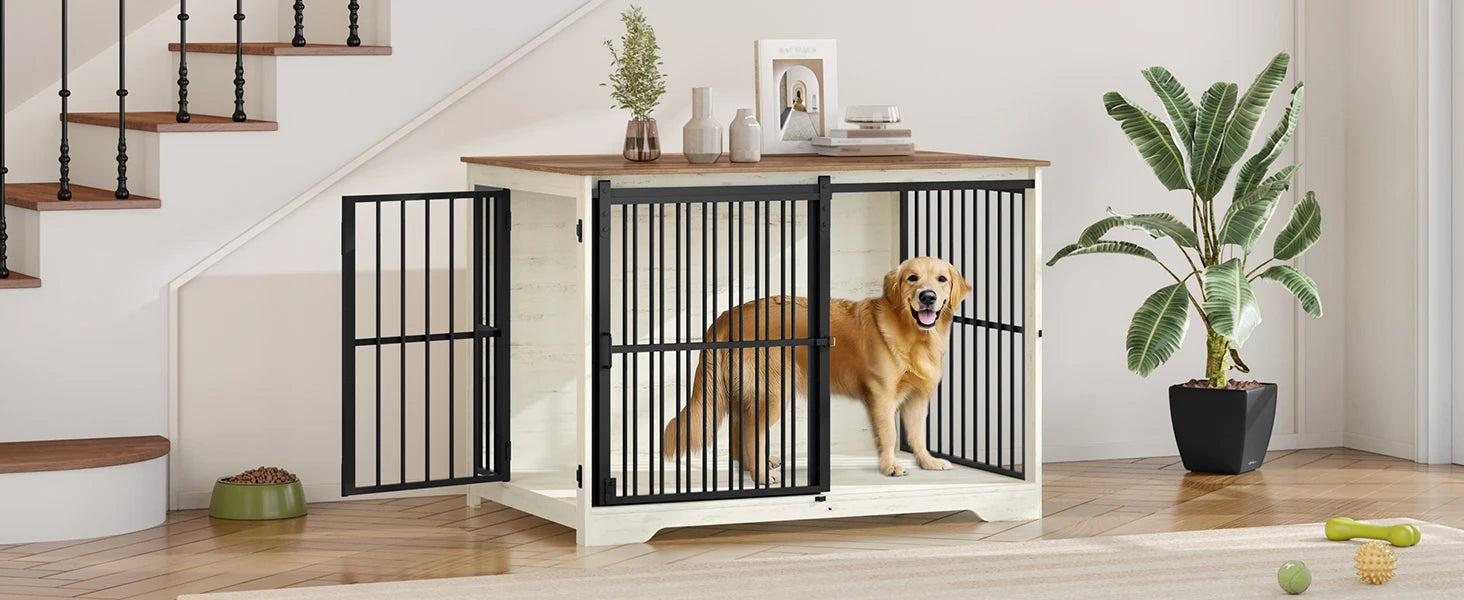 Houten Hondenbench Meubel XL met Schuifdeur – Design Hondenkooi voor Grote Honden – Industrieel Bijzettafel & Bench in Één