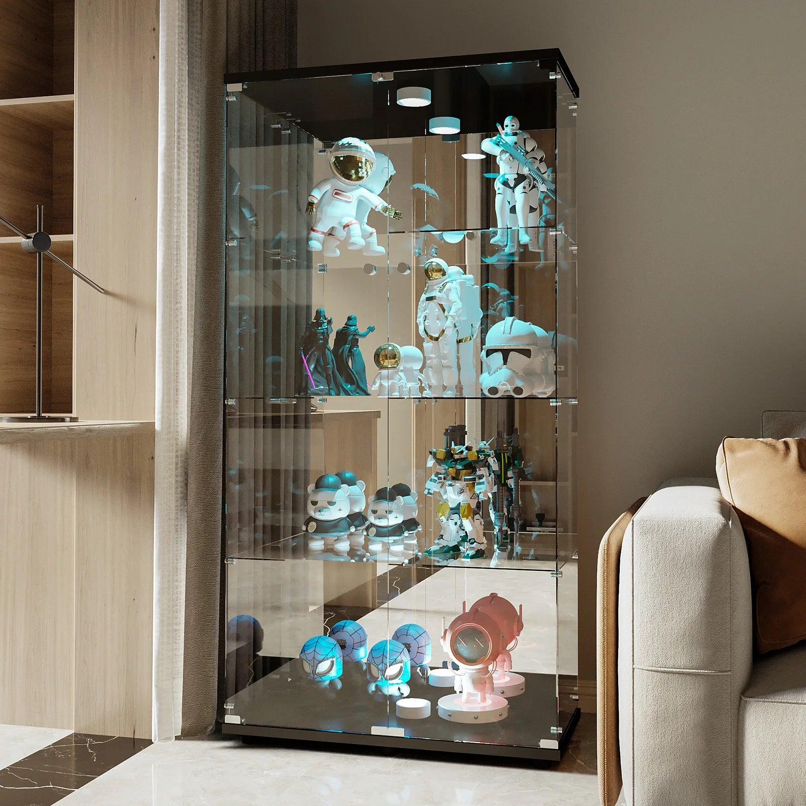 Staande LED Vitrinekast met 4 Niveaus – Moderne Displaykast voor Woonkamer & Slaapkamer