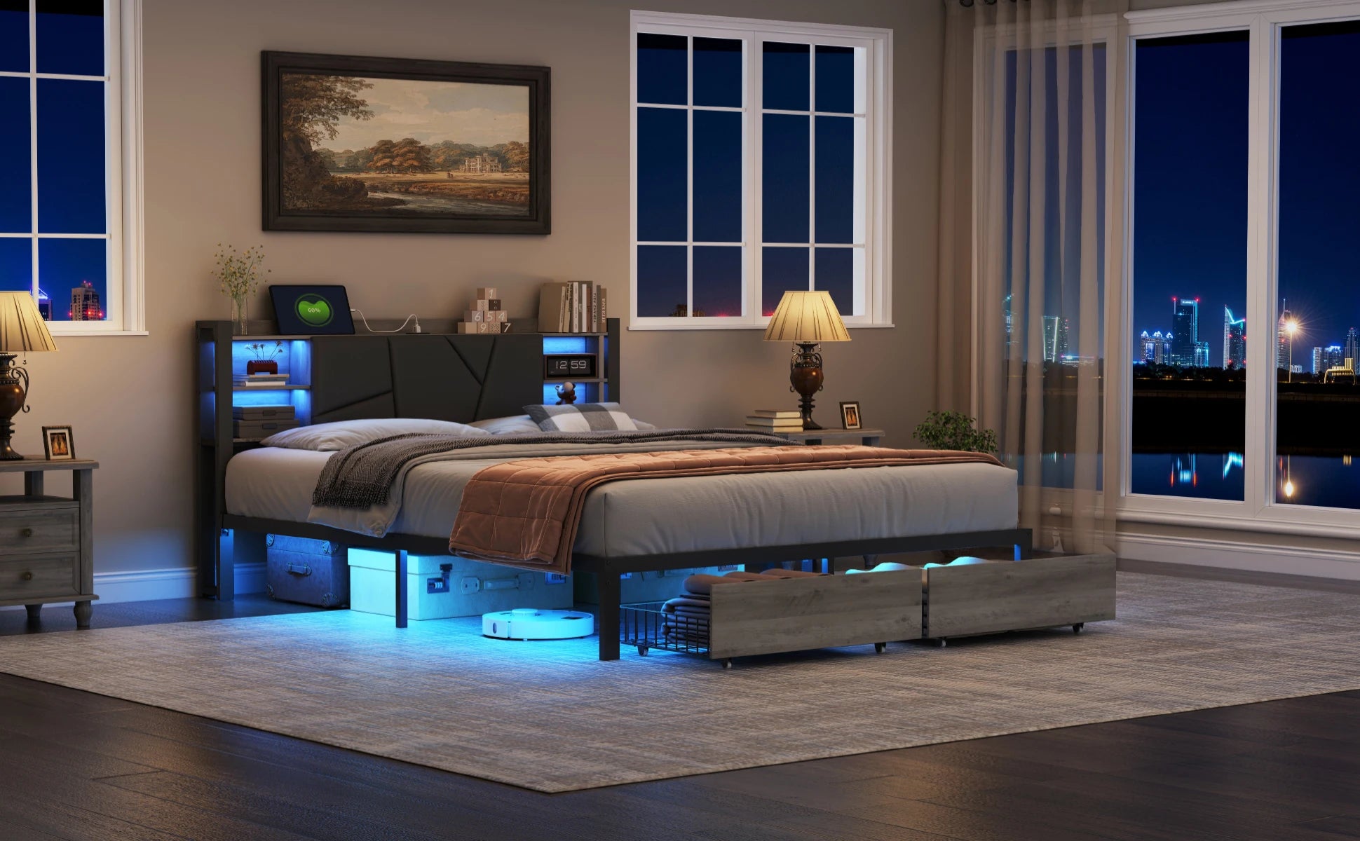 Gestoffeerd Tweepersoonsbed met Lade‑Opbergruimte, LED‑Verlichting en USB‑Oplaadpoort – 140/160/180 × 200 cm