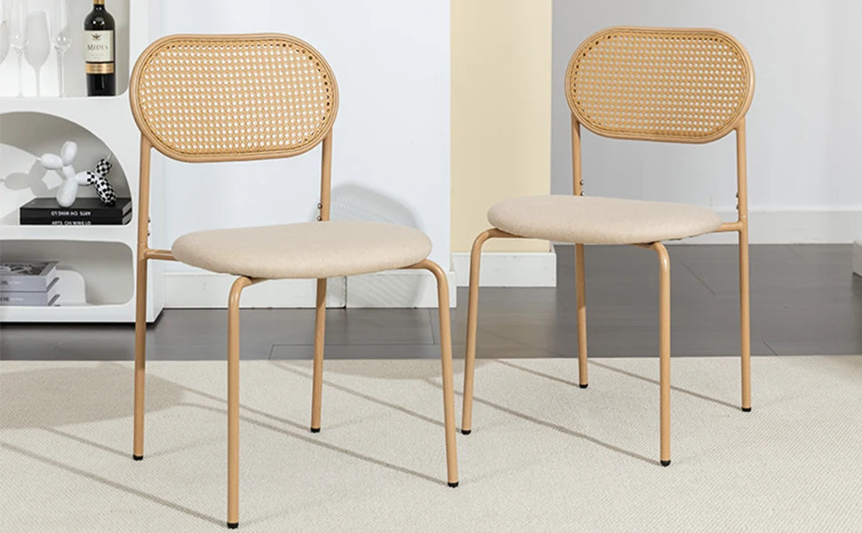 Retro Eetkamerstoelen Set van 2 met Rieten Rugleuning – Comfortabele Gestoffeerde Zitting, Stevig IJzeren Frame, Antislipvoetjes – Voor Keuken, Eetkamer & Terras