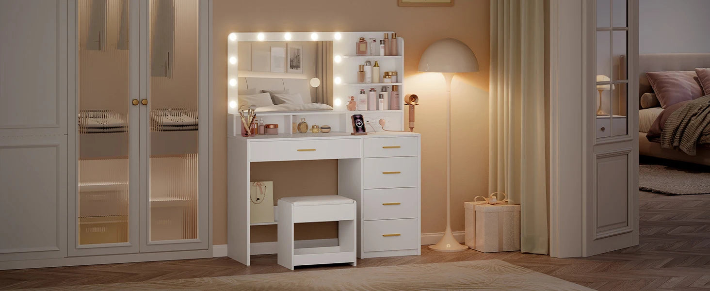 Grote Make‑up Tafel met LED Spiegel, Kruk en Oplaadstation – Moderne Schoonheidstafel voor Slaapkamer