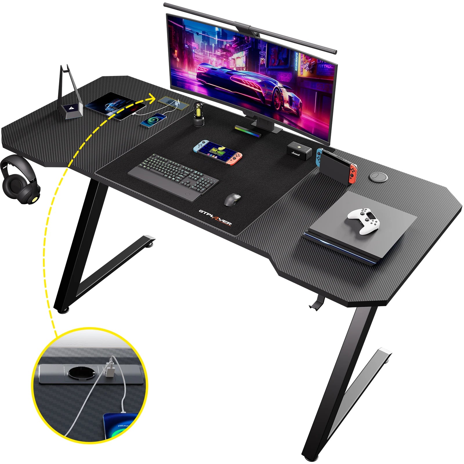 Gaming Bureau 120x60 cm met LED Verlichting & Stopcontact – Carbon Fiber Werkblad en Z-Frame