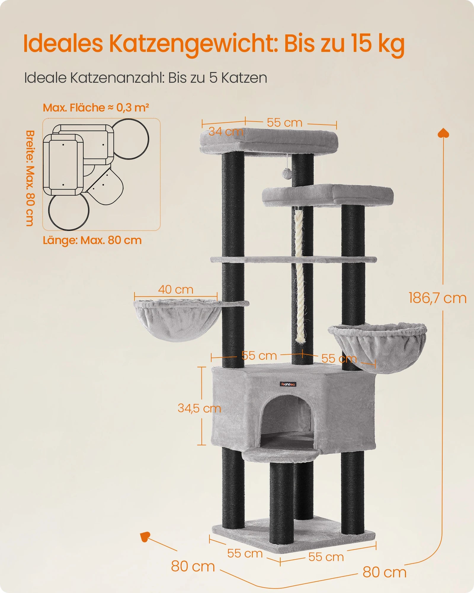 XXL Krabpaal Kattenboom 186 cm – Multi-Level Kattenkrabpaal met 13 Sisalpalen en Ligplatforms – Grijs