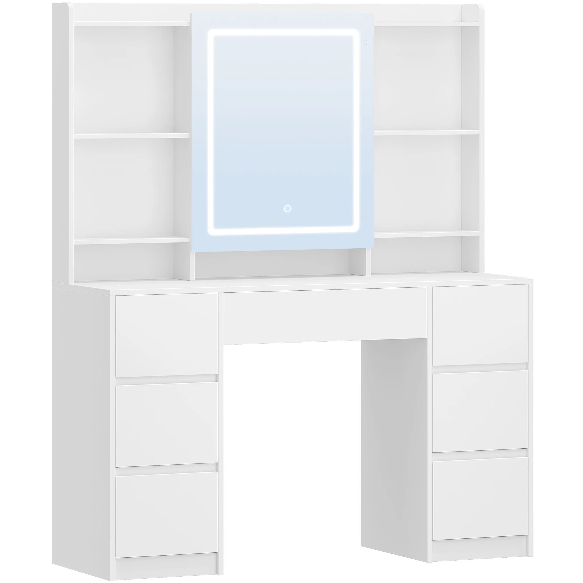 Grote Kaptafel met LED‑Spiegel en Verstelbare Verlichting – 7 Laden & 4 Open Planken – Moderne Make‑Up Tafel voor Slaapkamer
