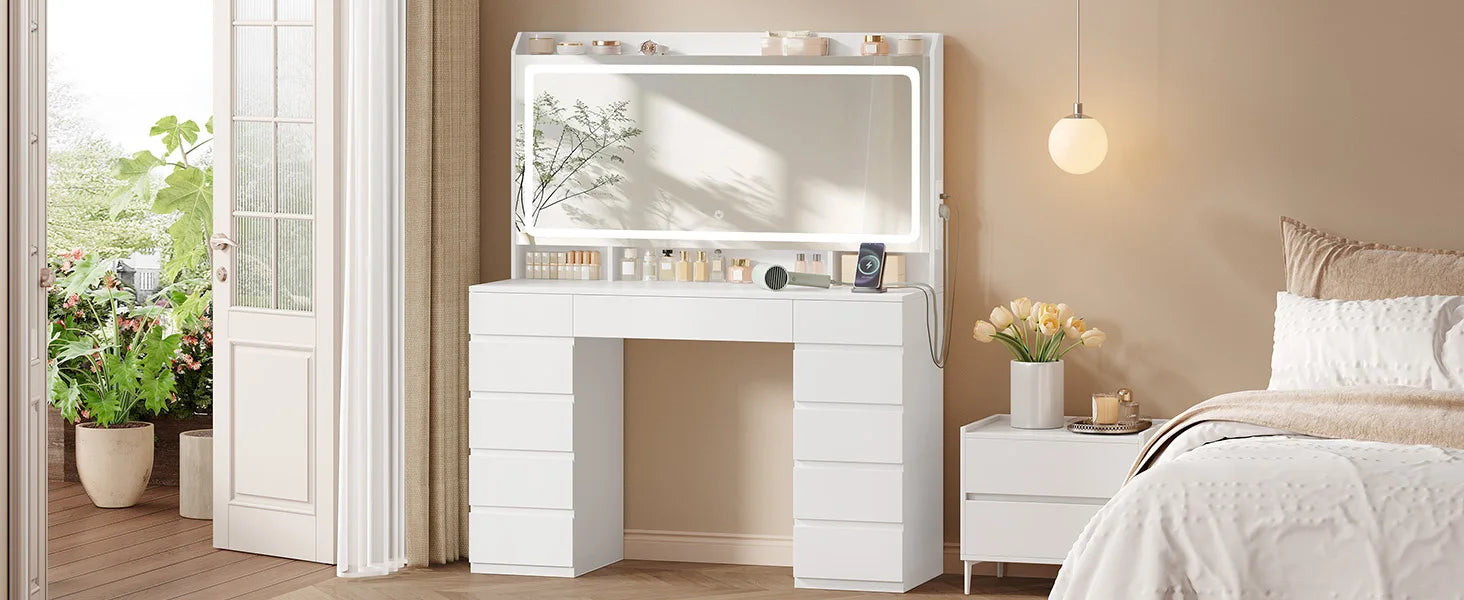 Grote Kaptafel met LED Spiegel en 11 Lades – Luxe Make‑uptafel met Verlichting & USB‑Poorten