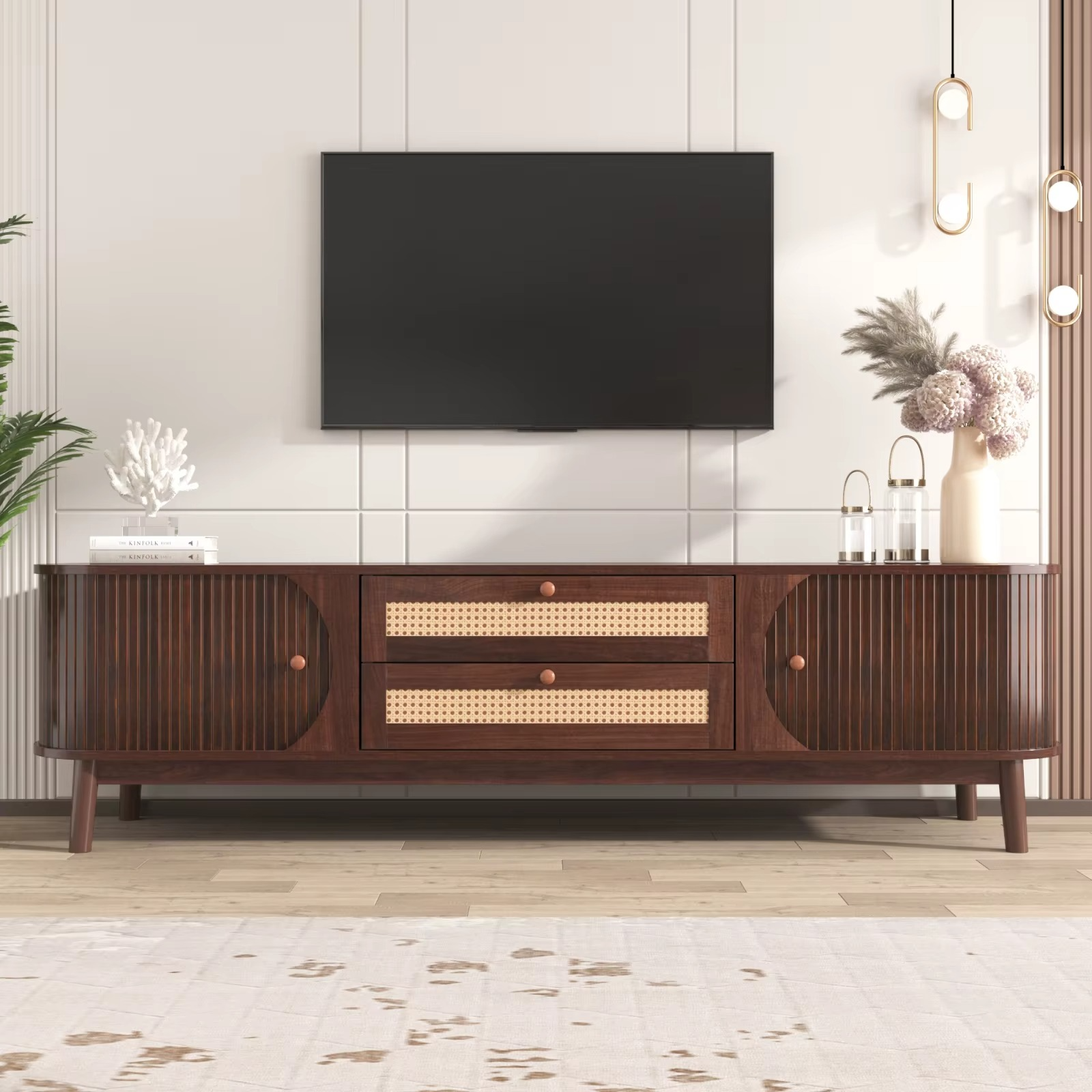 Houten TV Kast Landelijk met Rotan Lades en Deuren – Massief Hout TV Meubel Walnootkleur