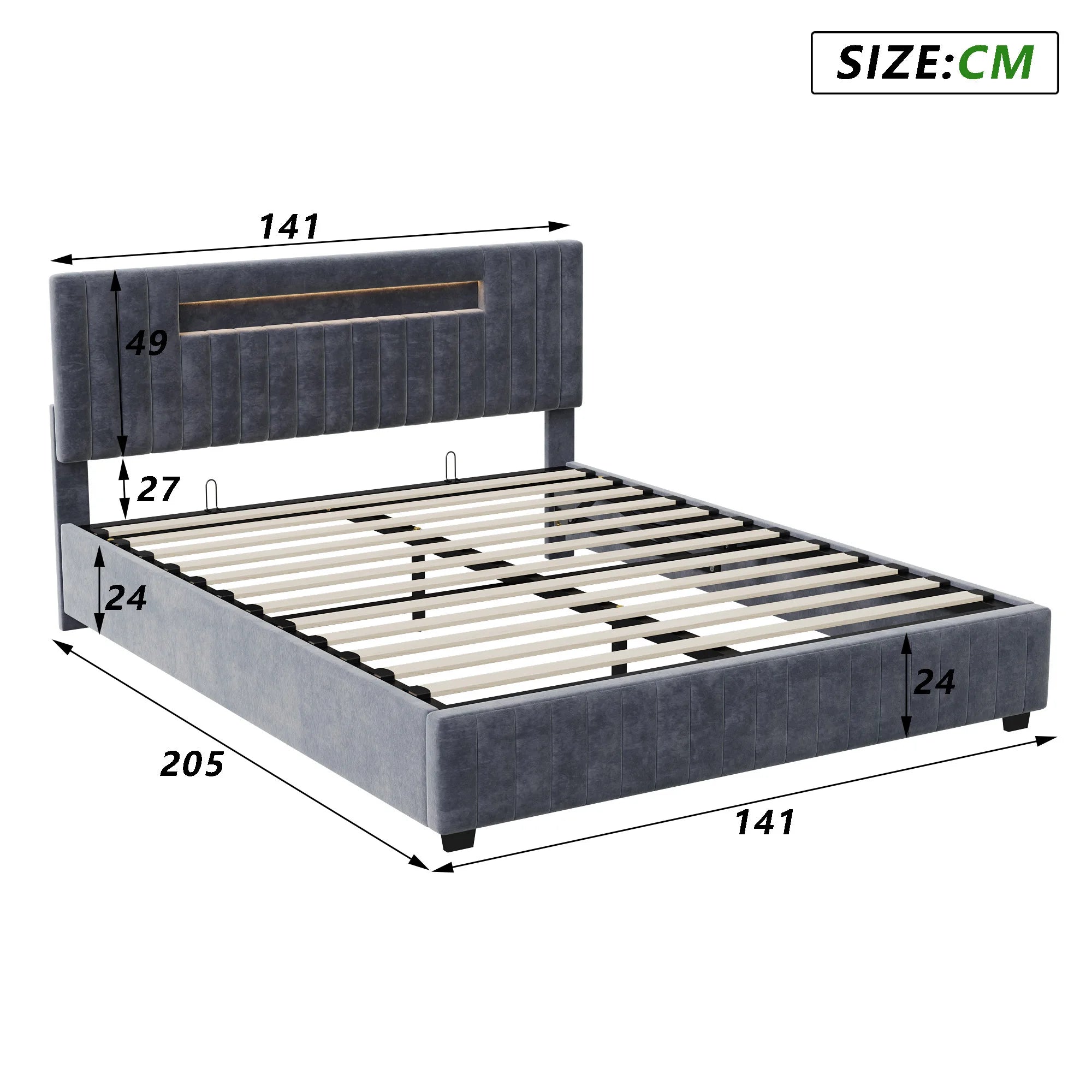 Gestoffeerd bed 140x200 cm met LED‑verlichting en hydraulische opbergruimte – modern en praktisch design