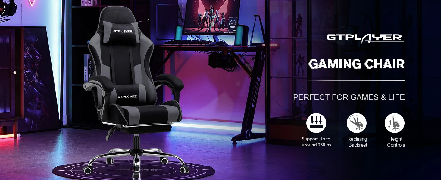 Ergonomische Gamingstoel met Voetensteun en Massage Lendenkussen – Stoffen Bureaustoel met Hoofdsteun