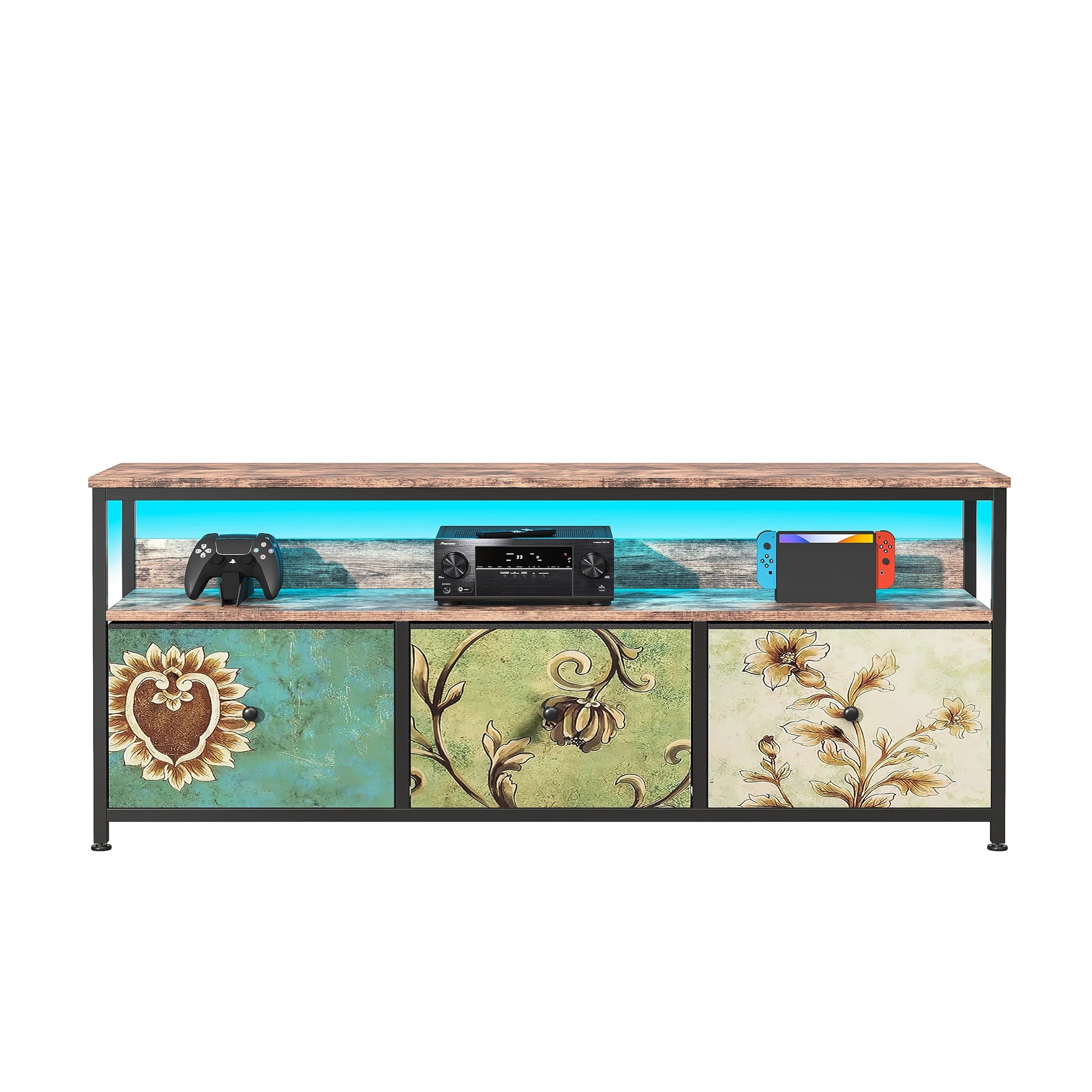 Vintage LED TV‑Meubel met 3 Stoffen Lades – Industrieel & Retro Design