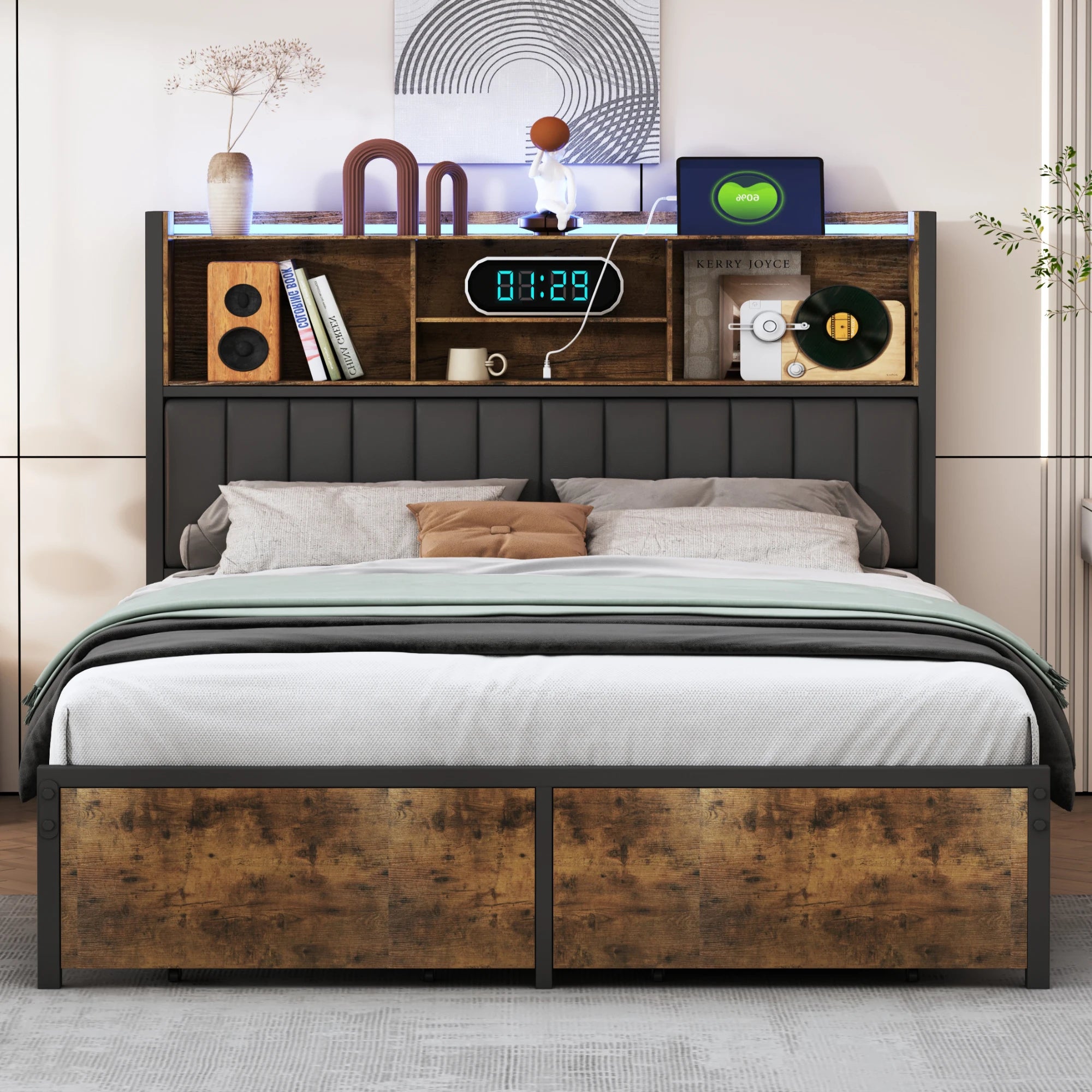 Bedframe 140–180x200 cm Zwart met LED‑verlichting en USB‑poorten – Gestoffeerd Opbergbed