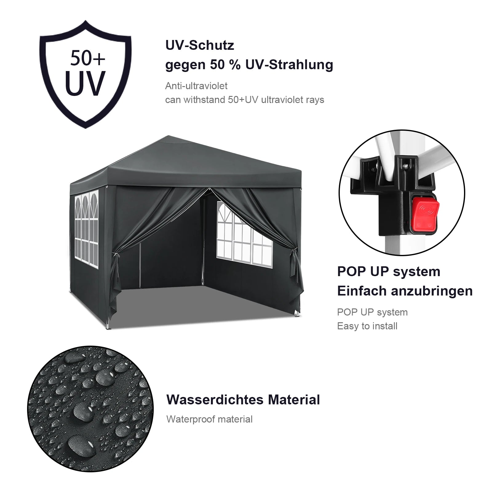 Easy Up Partytent 3x3 m – Opvouwbare Waterdichte Tuintent met UV-bescherming - Pop‑Up Systeem - Inclusief Draagtas
