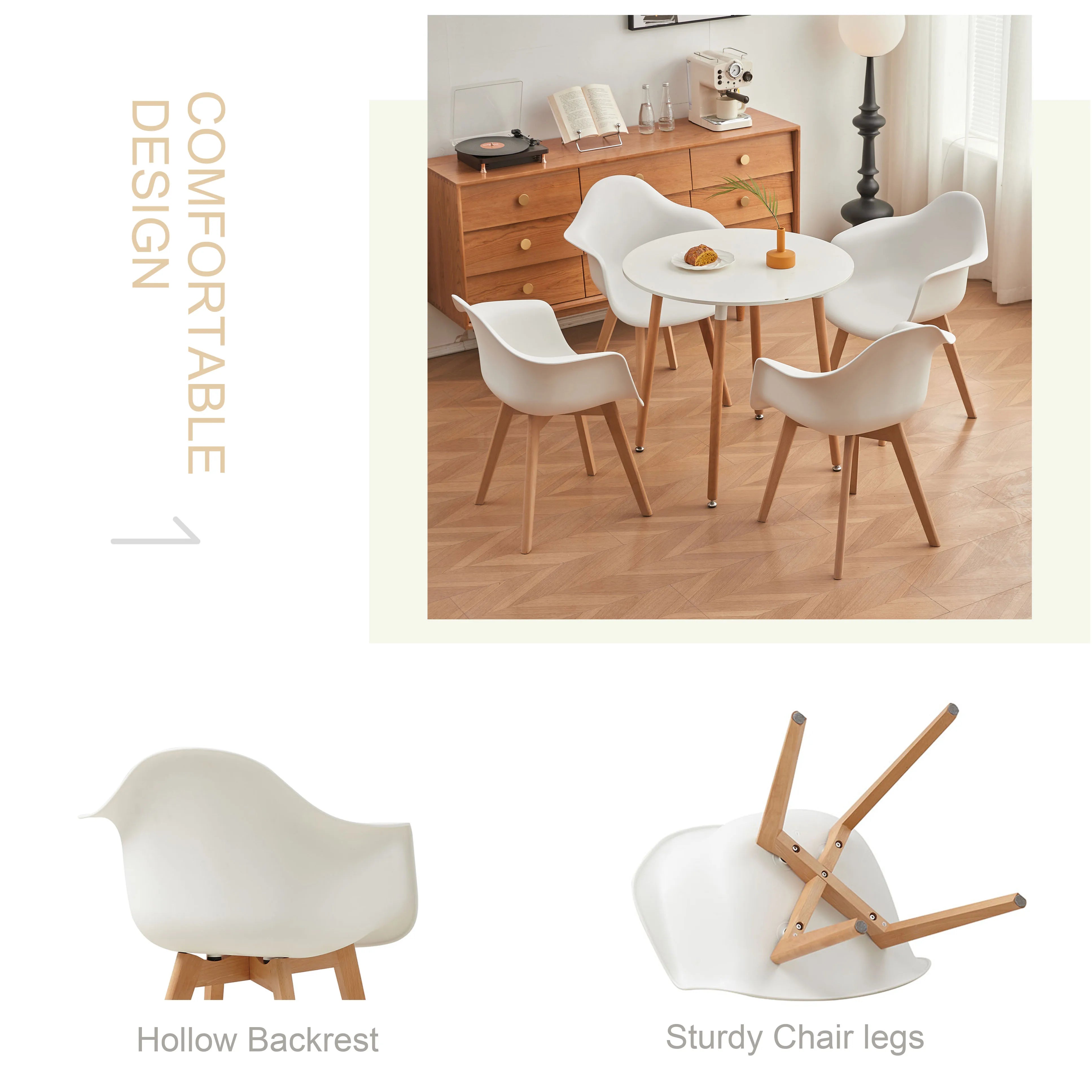 Set van 2 Retro Eetkamerstoelen met Armleuning – Scandinavische Design Stoelen met Beukenhouten Poten – Moderne Kunststof Kuipstoelen