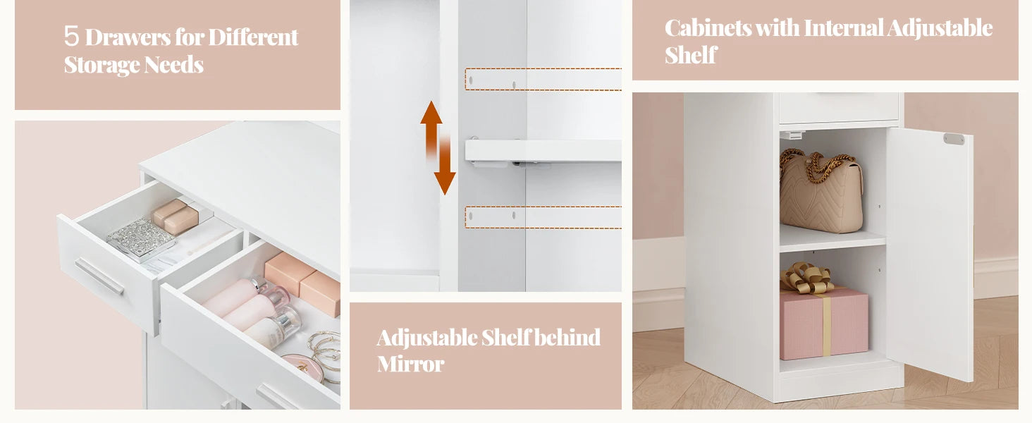 Kaptafel met Spiegel – Moderne Make‑Up Tafel met 5 Laden, 2 Kastjes & 9 Open Vakken