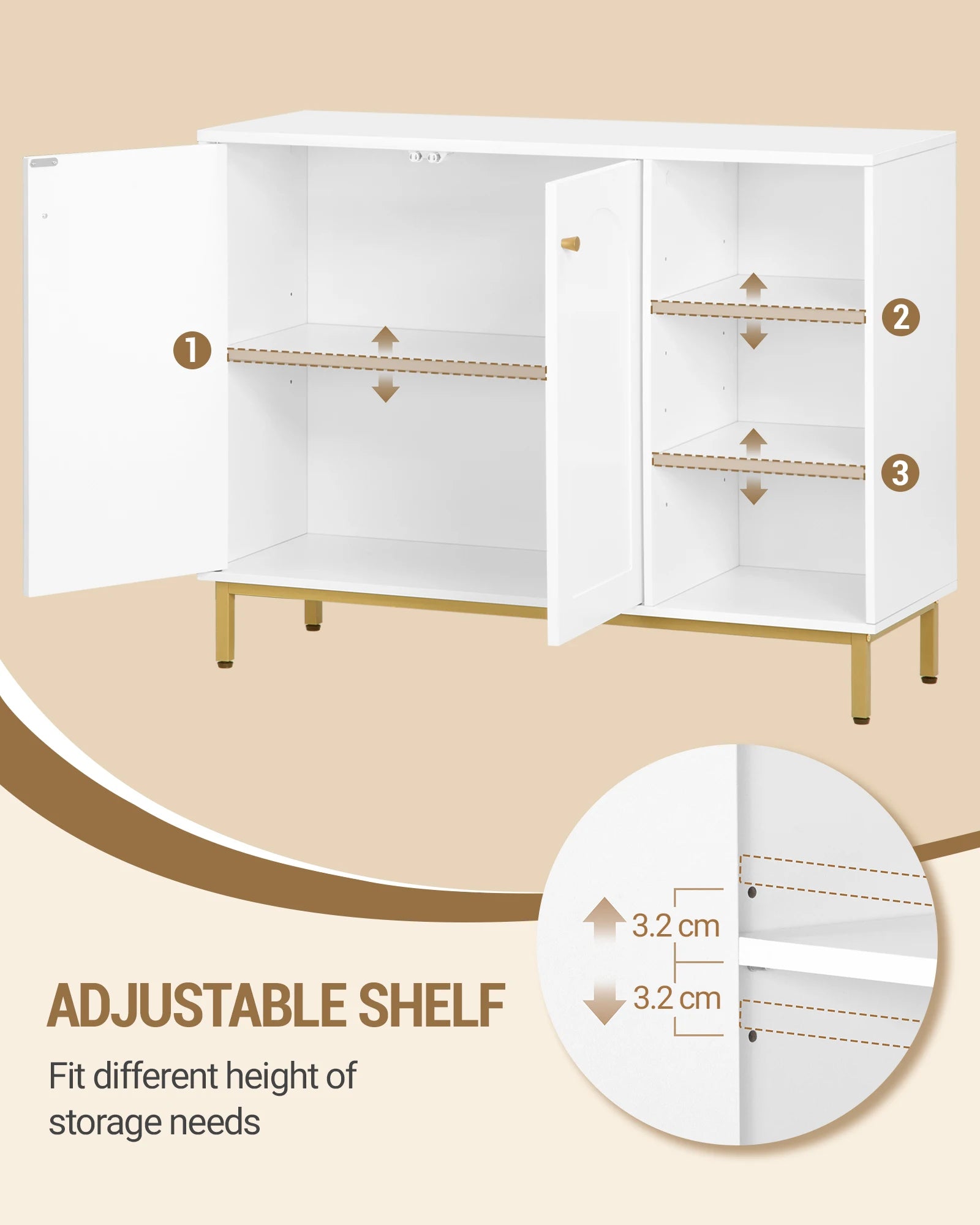 Badkamerkast met Deuren en Open Vakken – Moderne Witte Opbergkast met Verstelbare Plank en Gouden Poten – Multifunctionele Kast voor Badkamer, Woonkamer of Hal