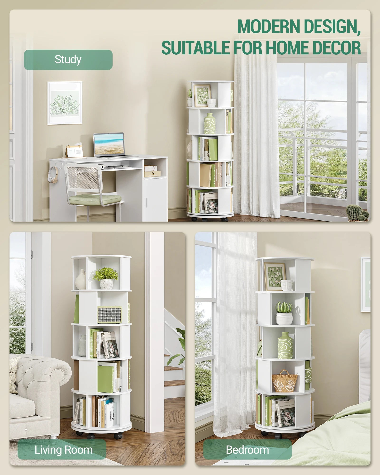 Draaibare Boekenkast 5‑Laags – 360° Roterend Boekenrek met Wielen – Wit